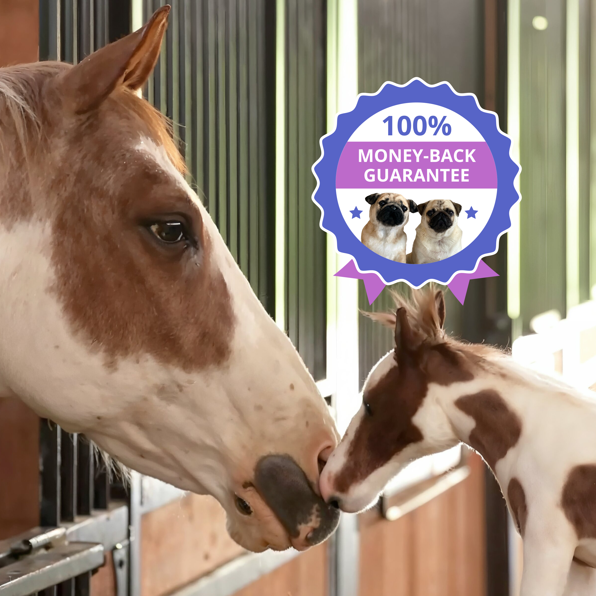 A close-up photograph captures an interaction in a stable setting between a real mare (mother horse) and a highly realistic plush foal (baby horse).