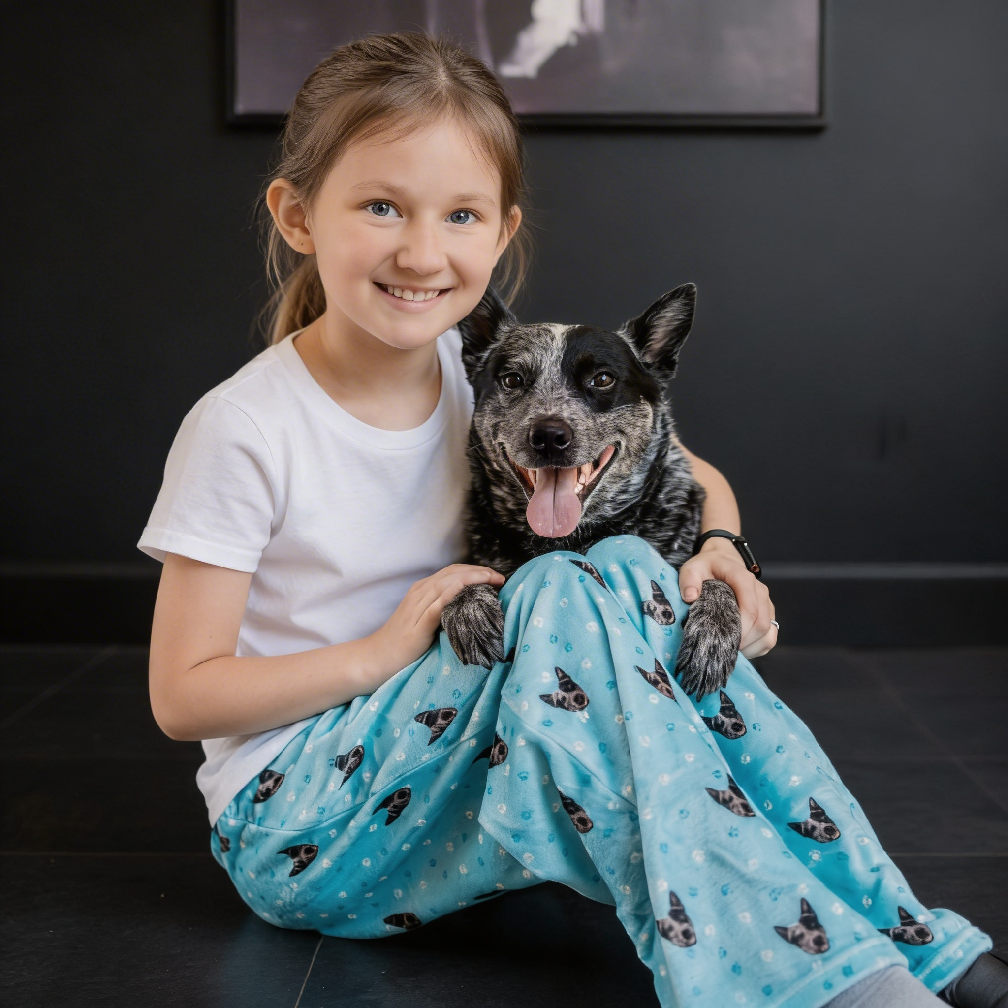 Girl sitting on ground with black and white dog, both wearing dog-print fleece pajama pants