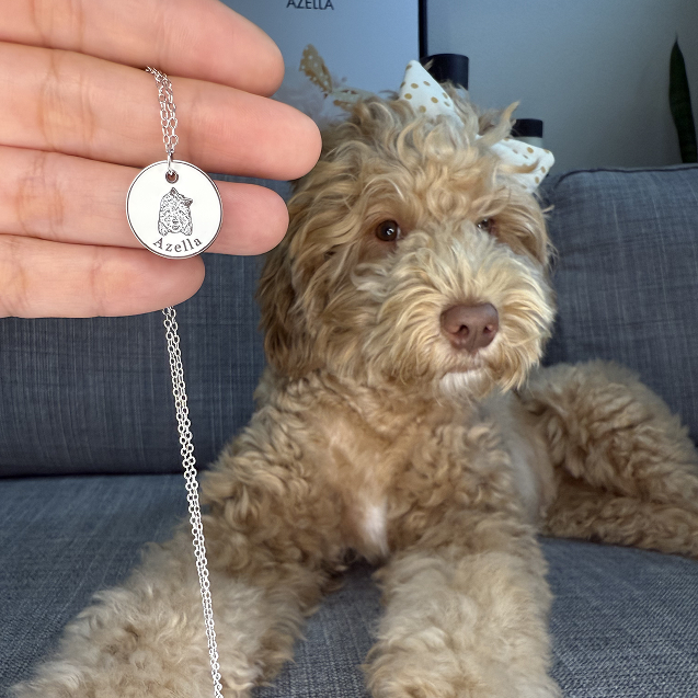 A person's hand holds up a silver circular pendant necklace with an engraved portrait of a fluffy dog's face and the name 'Azella' written below it. The pendant is held in the foreground over a light brown, fluffy Labradoodle or Goldendoodle puppy.
