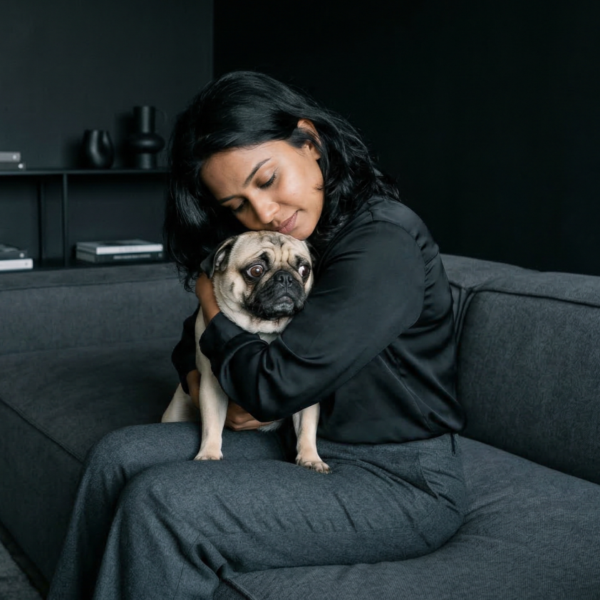A woman wearing a black shirt sits on a dark grey couch, holding a pug in her arms.