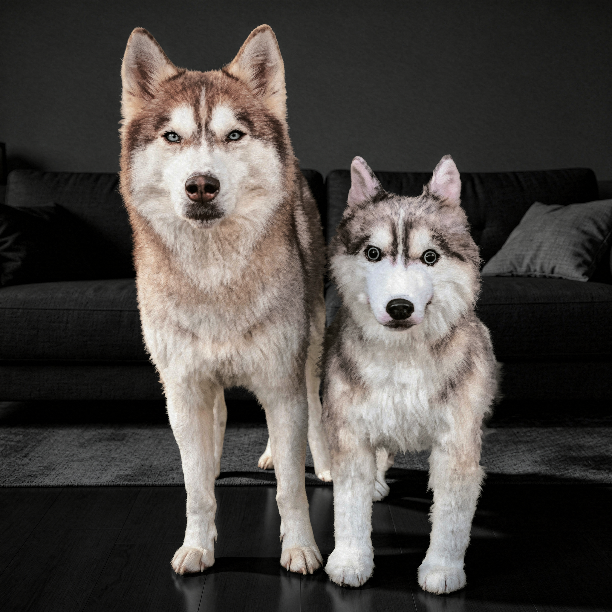 A Siberian Husky standing on grass next to a realistic plush Husky with matching markings.