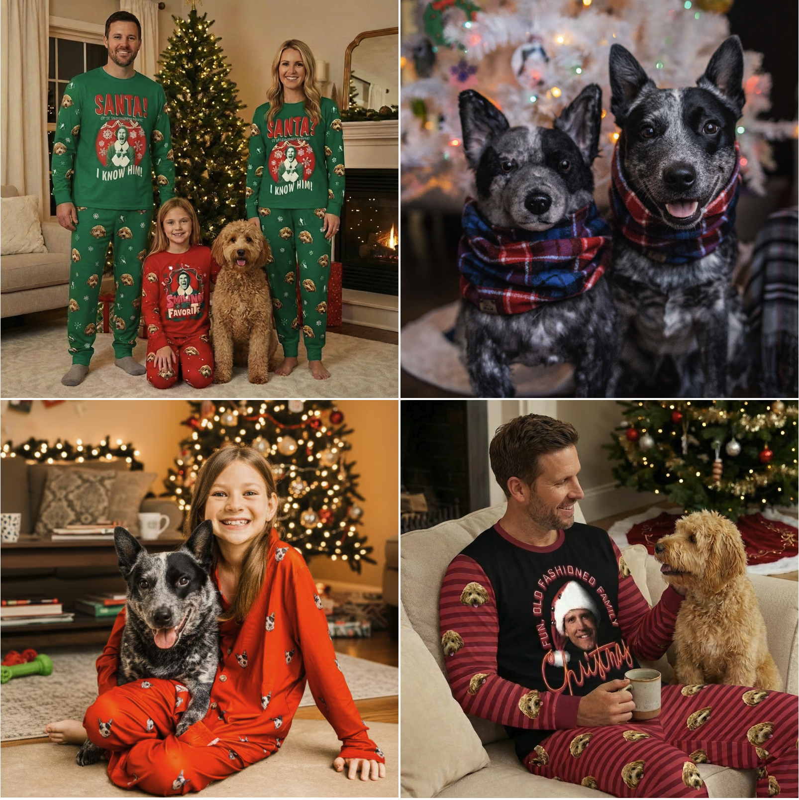 
A four-panel collage showing a family wearing matching holiday pajamas.