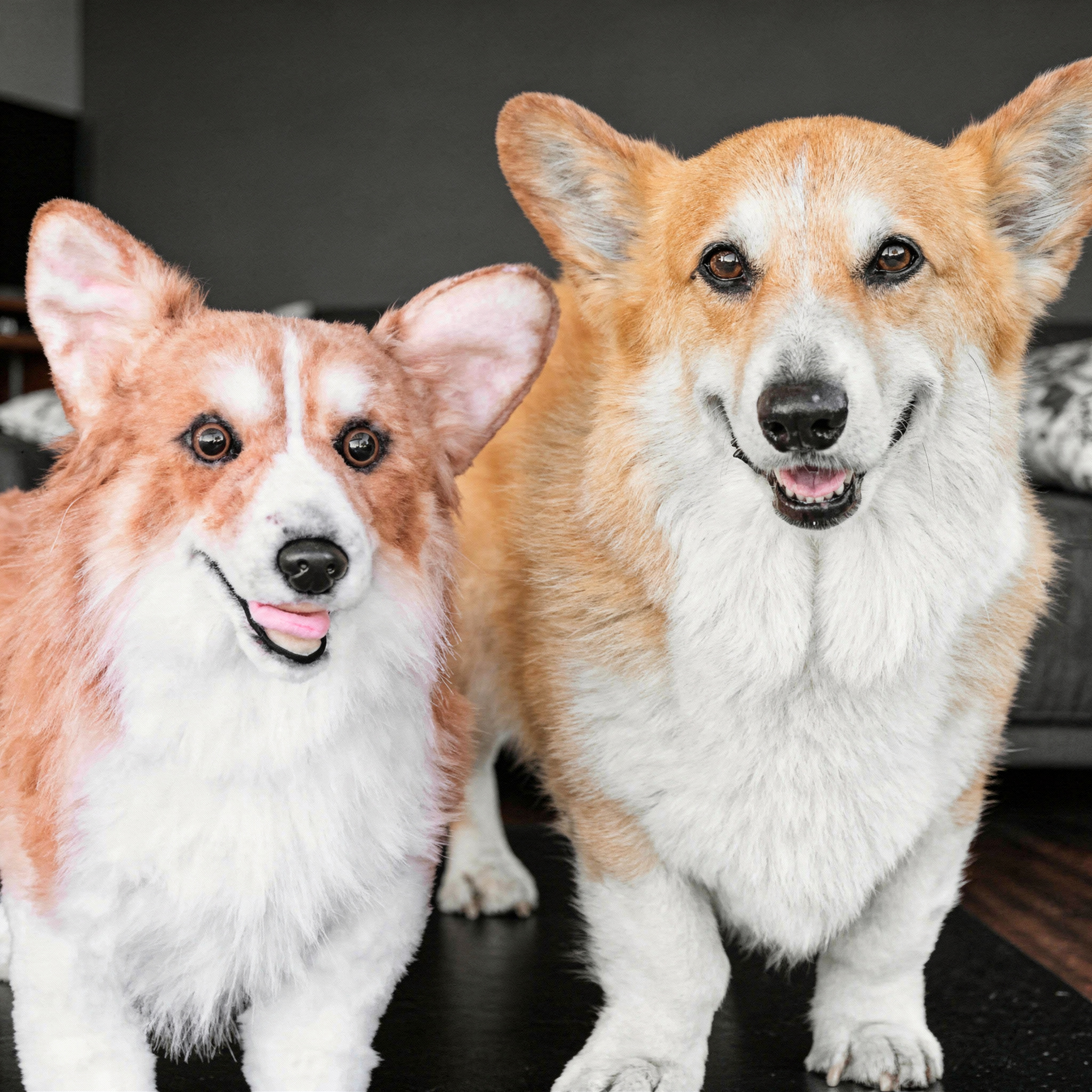 A real Pembroke Welsh Corgi sits next to its plush toy clone on a light-colored floor against a white wall.
