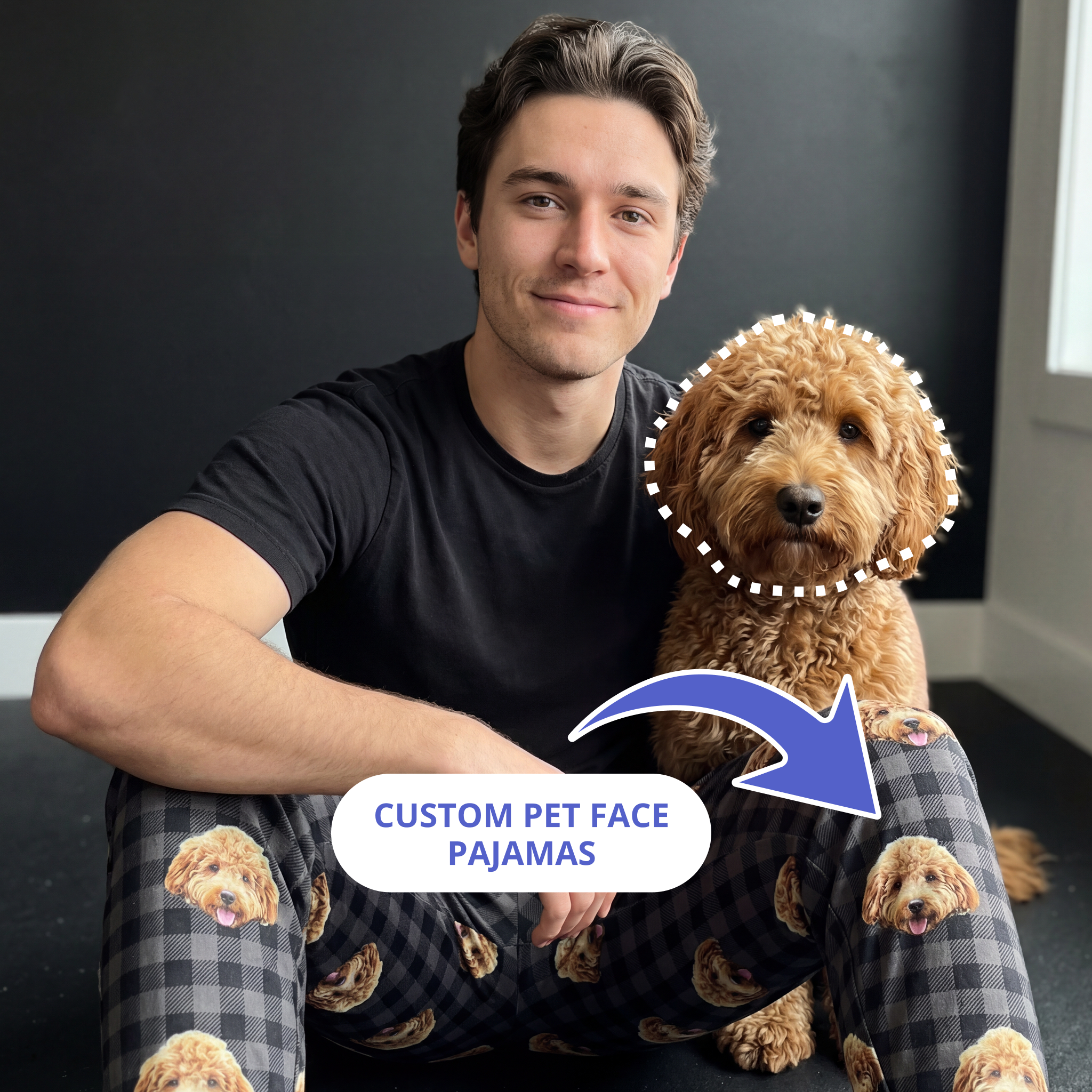 Man weaaring a sweatpants next to a goldendoodle 