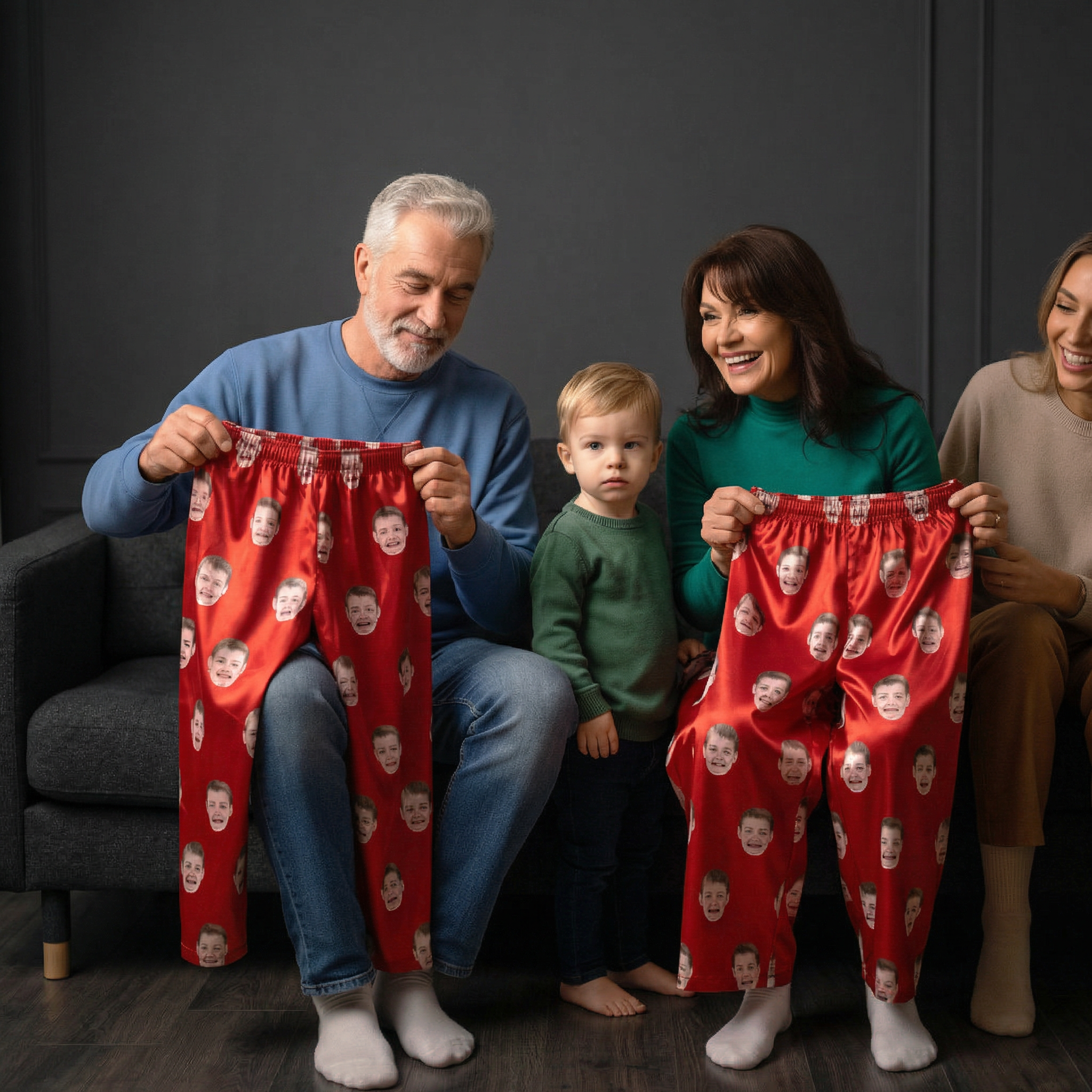 Family laughing while holding custom face-print pajamas in a modern living room.