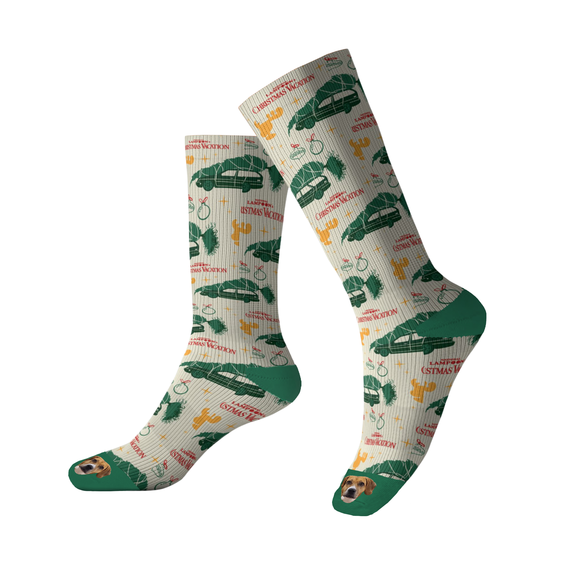 Green and beige outdoor-themed knit socks featuring detailed pine trees, mountain ranges, and nature-inspired patterns along with a customizable pet face design that can be personalized with your own pet's image