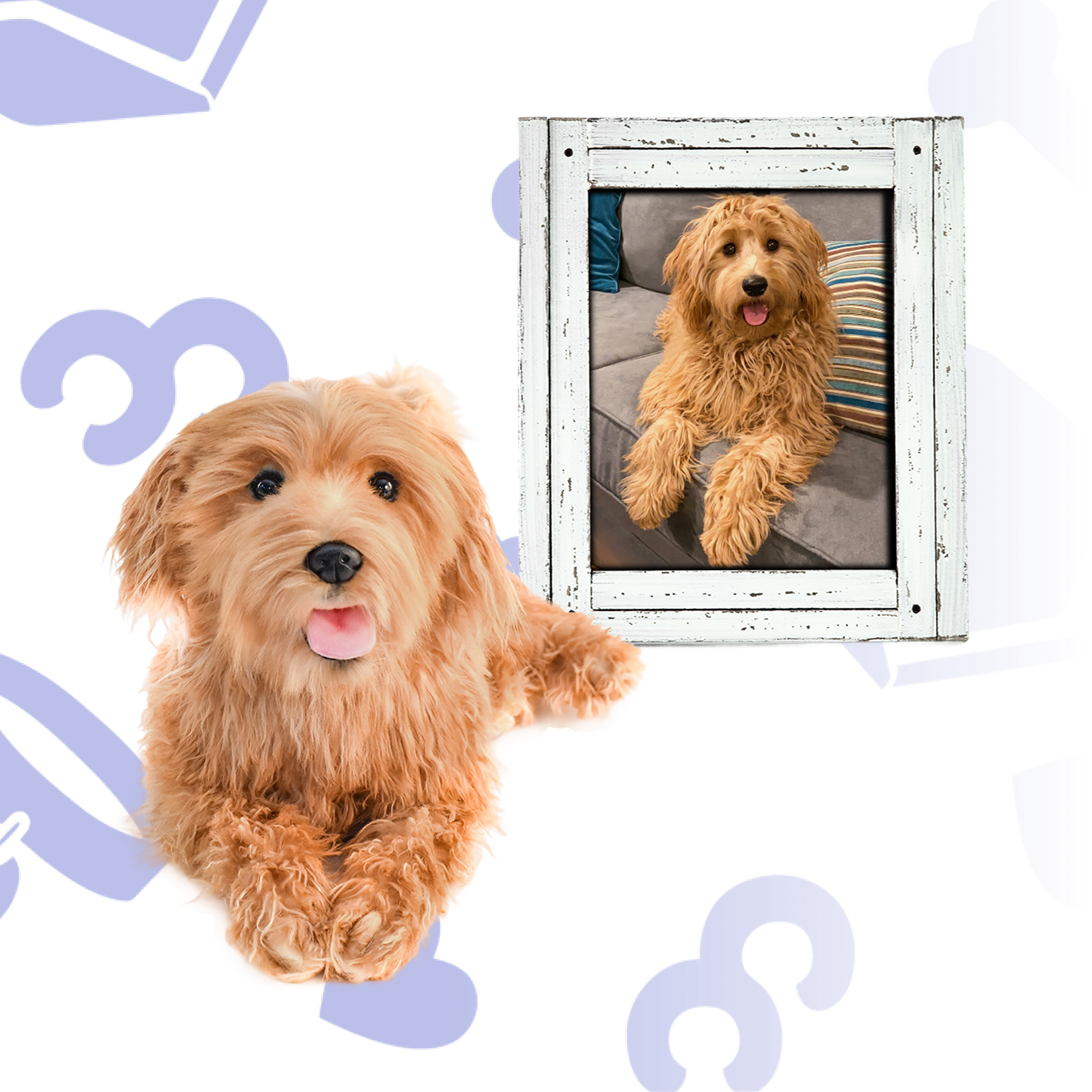 Goldendoodle plush next to a rustic framed photo on a purple background
