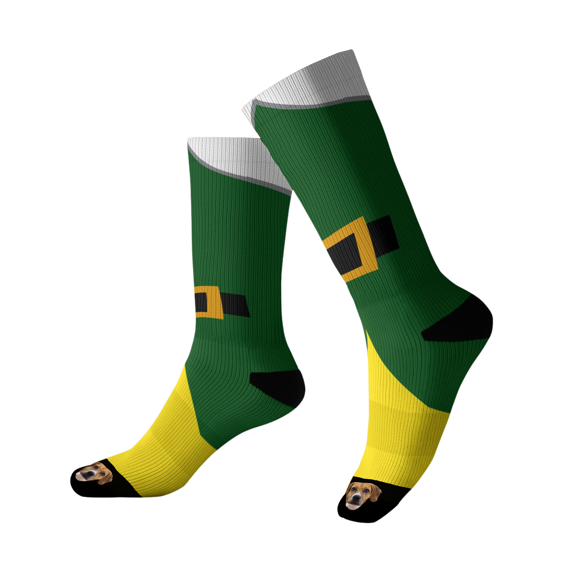 A pair of green crew socks designed to look like Buddy the Elf's outfit, featuring a black and yellow belt buckle design, yellow toes, and a small dog's face printed on the toes.