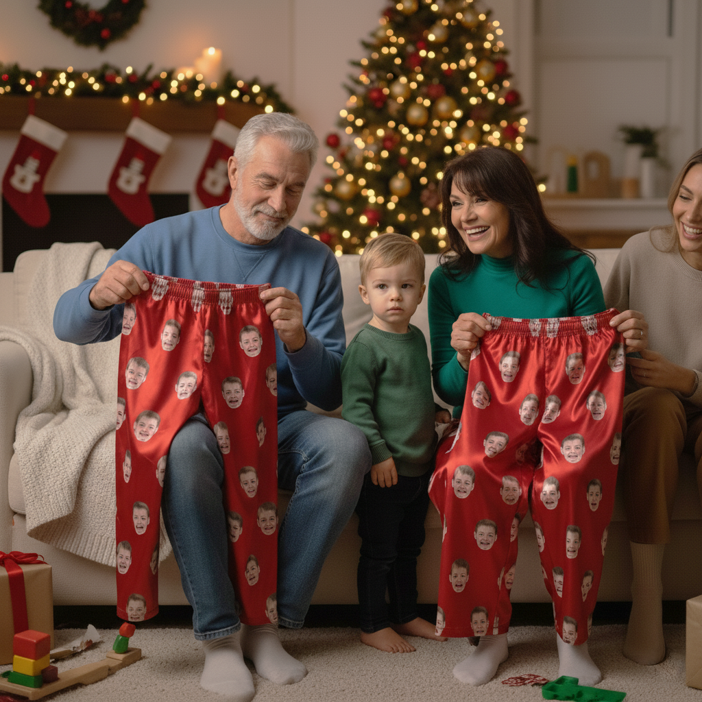 Family holding personalized pajama pants, smiling by a Christmas tree.