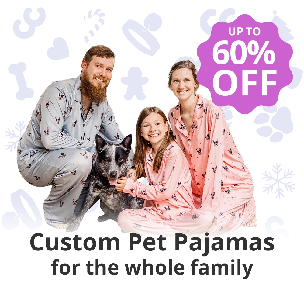 Family in matching pet-themed pajamas with a dog, promotion offering up to 60% off.