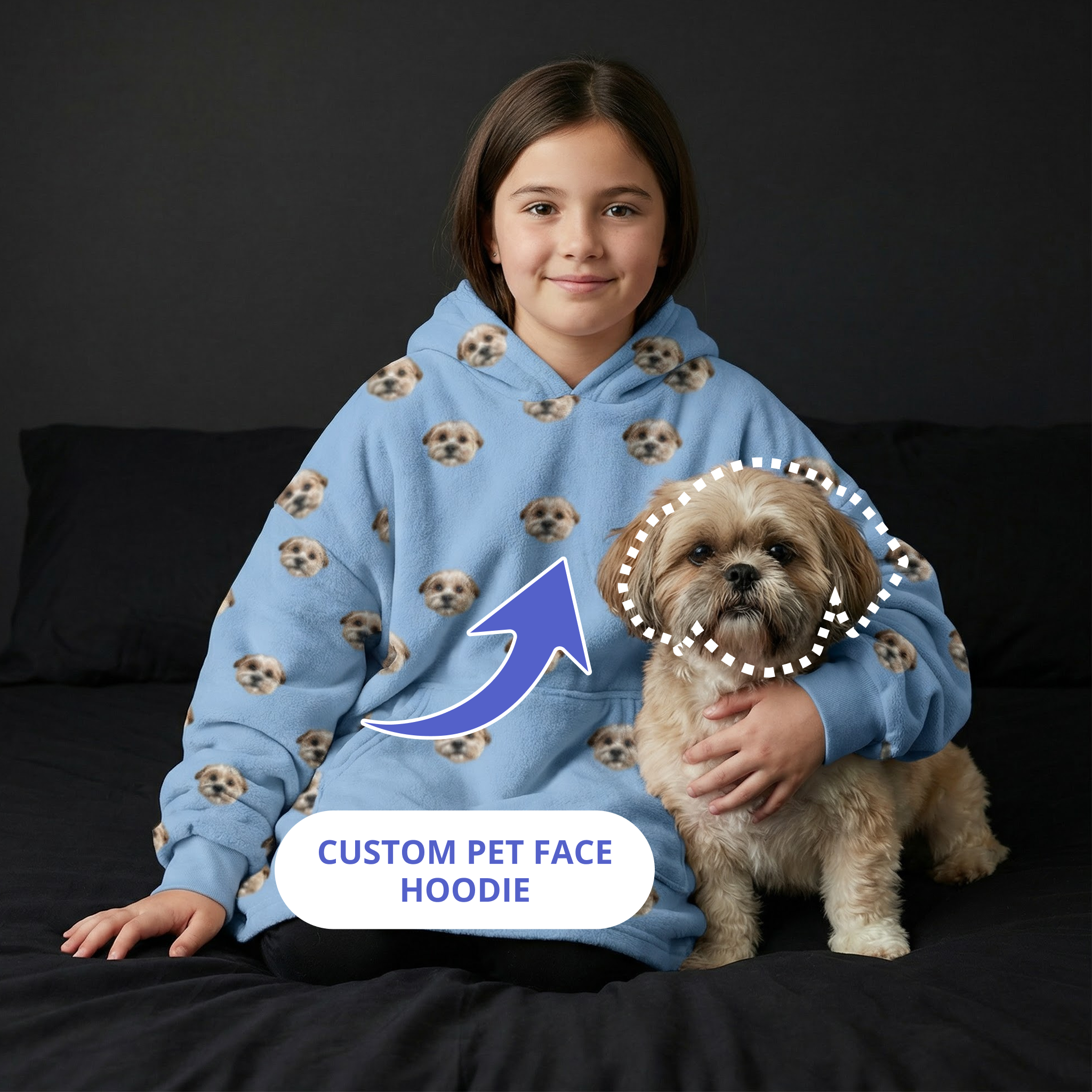 Girl next to a dog is wearing a hoodie.