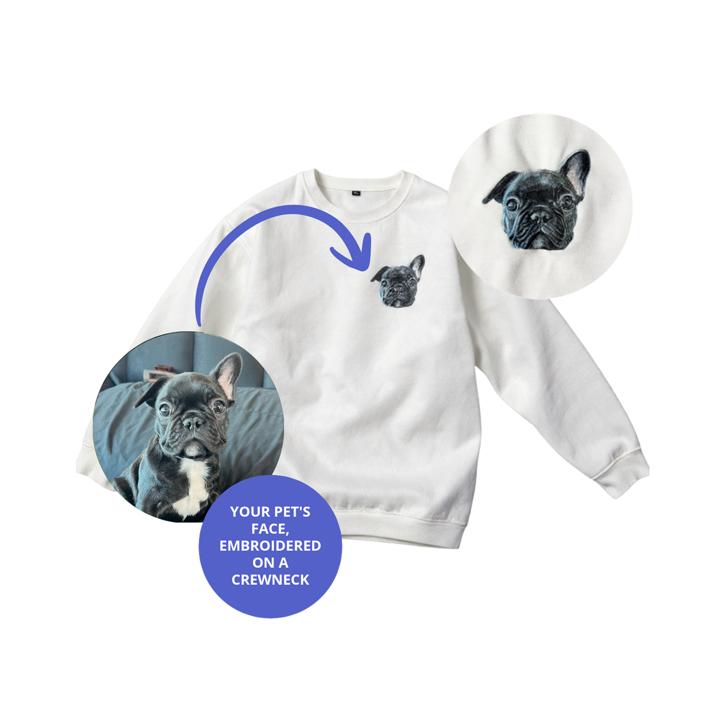 White crewneck with embroidered dog face and photo beside it.