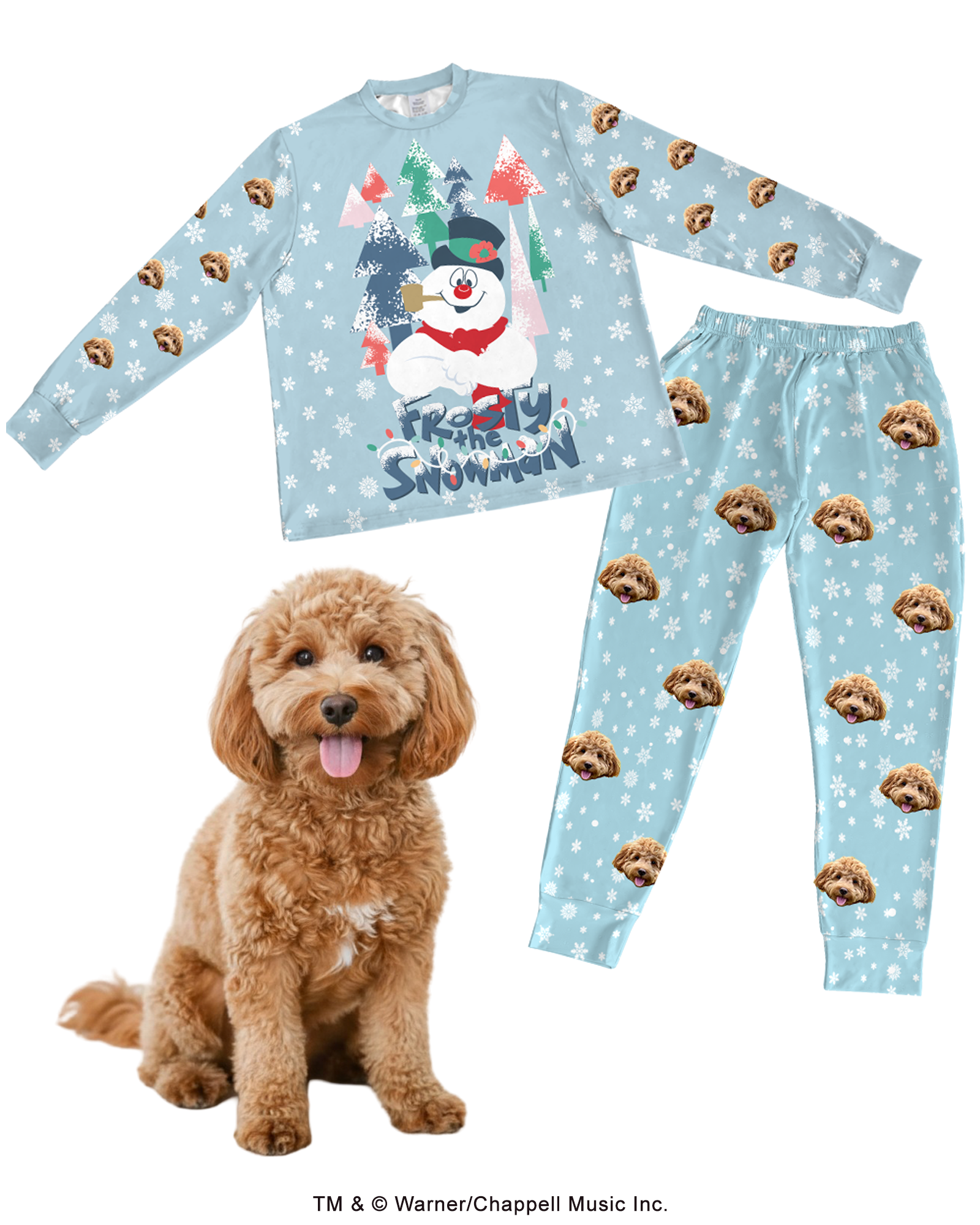 A custom light blue pajama set (long-sleeve top and pants) featuring a fluffy brown Cockapoo. The top has a large graphic of Frosty the Snowman in a colorful forest with the title 'Frosty the Snowman.' The entire set is patterned with the Cockapoo's face and white snowflakes. A real Cockapoo dog sits in the foreground next to the pajamas.