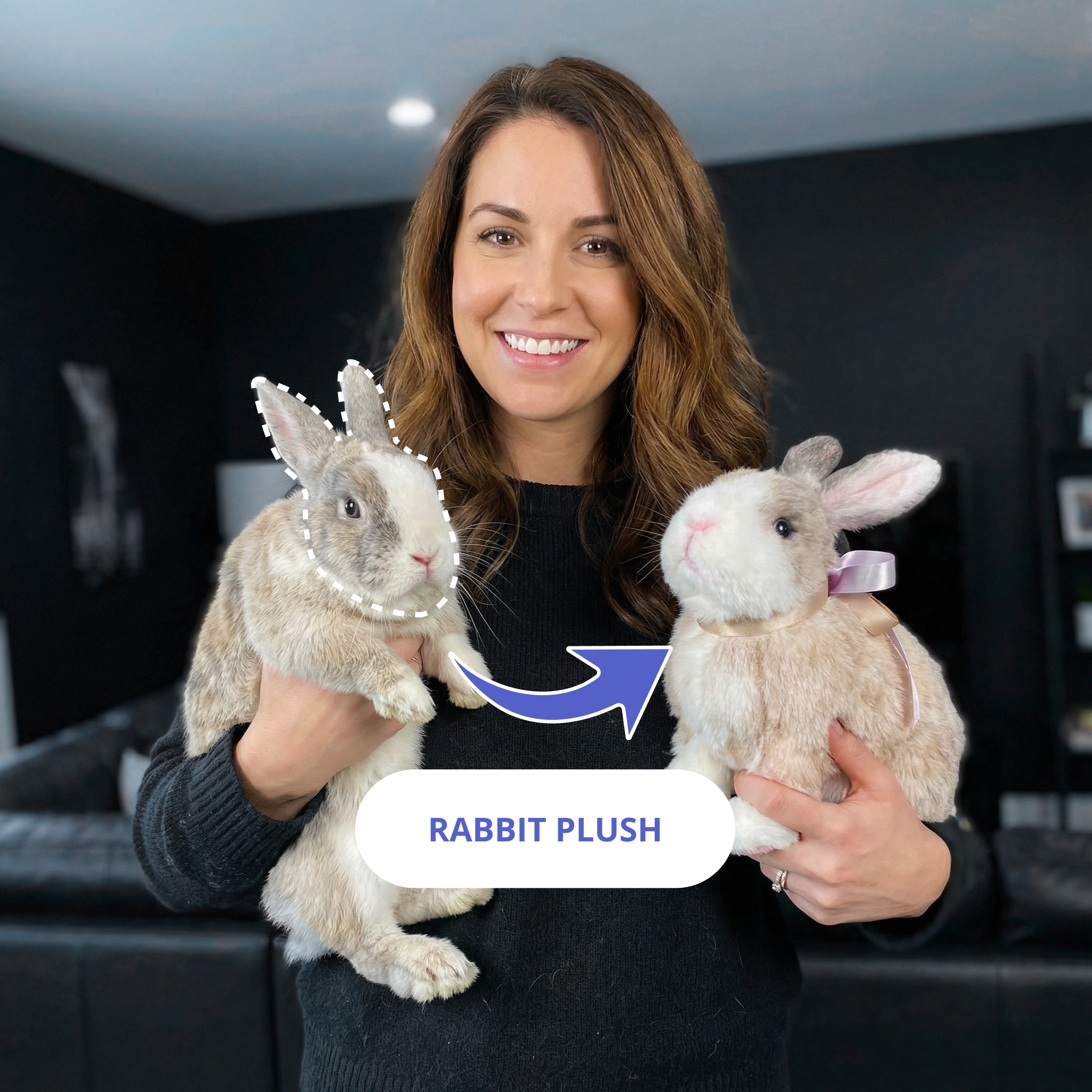 Woman holding one rabbit and its plush replica
