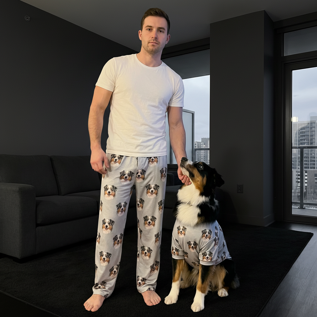 Man and dog in matching custom pajamas stand in a modern living room.