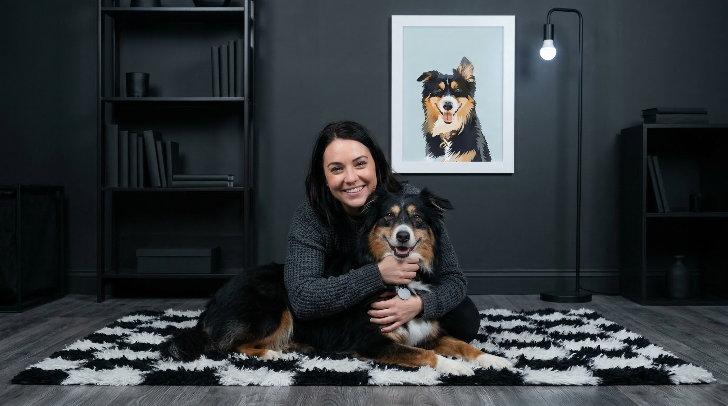 A woman smiles while hugging her dog on a rug, with a portrait of the dog on the wall.