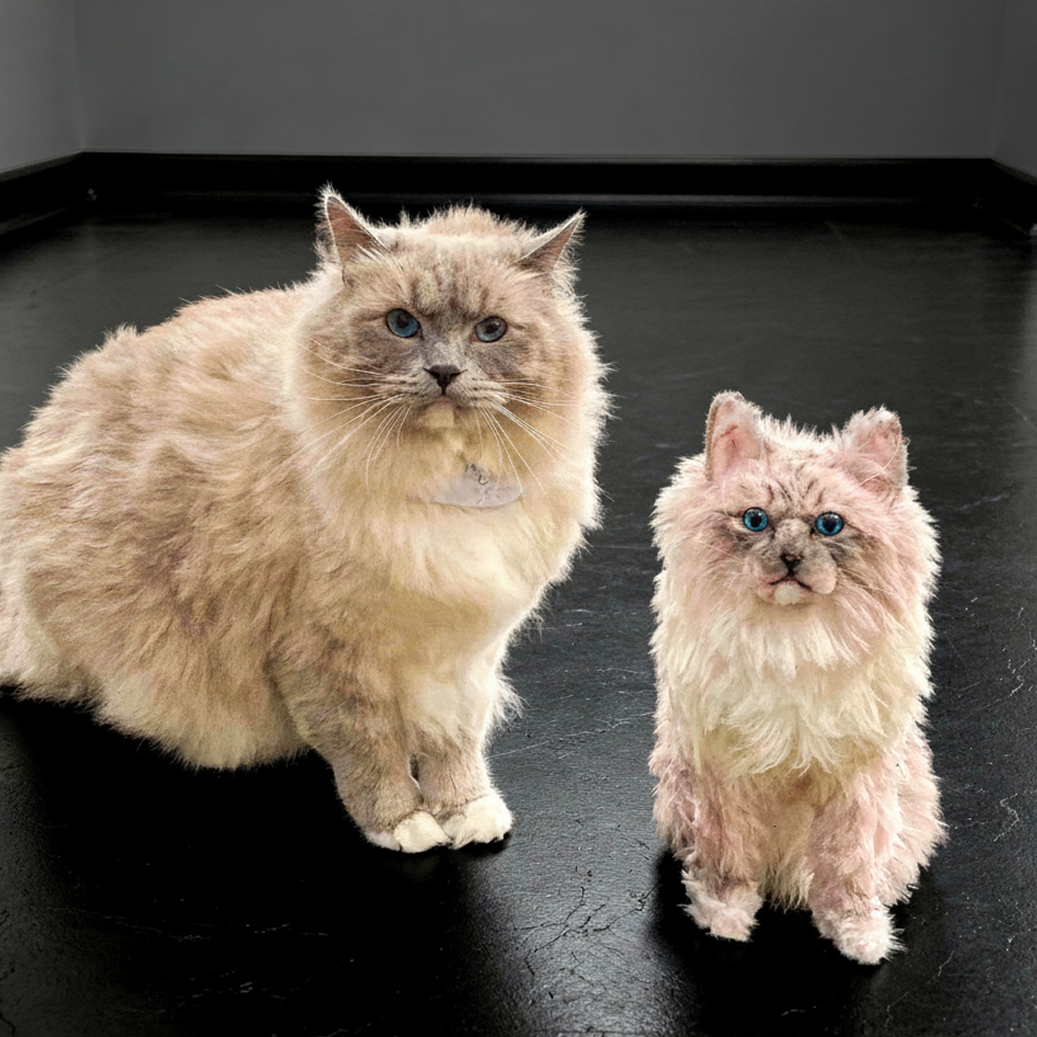 A fluffy cream-colored Ragdoll cat with bright blue eyes sitting next to a plush toy replica of itself on a mossy log by a lakeside.