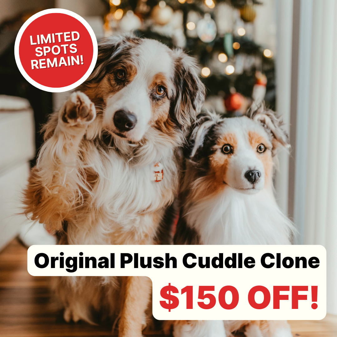 Dog and plush clone with Christmas tree background, $150 off promo text.