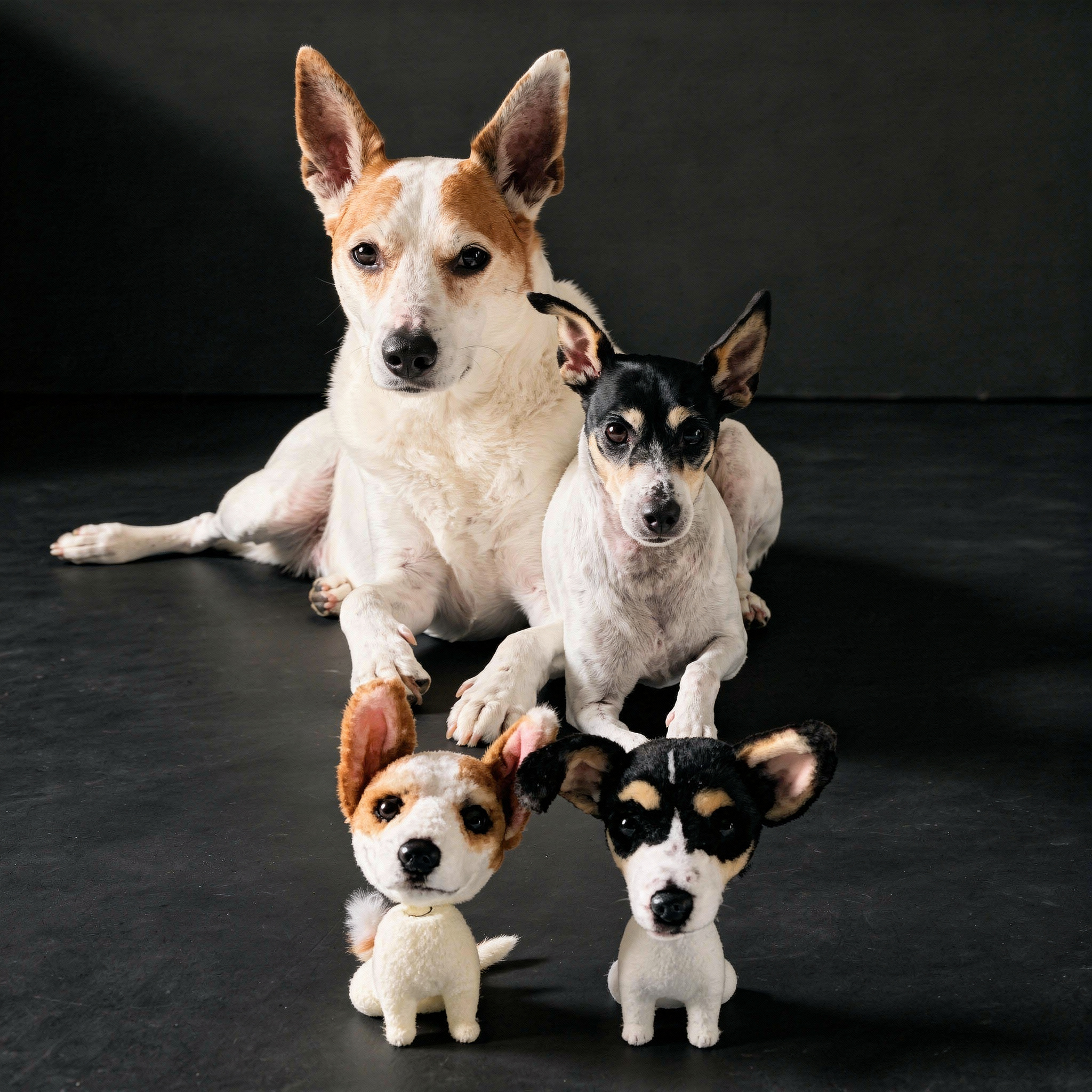 Two small dogs on a dog bed with matching custom bobblehead figurines placed in front