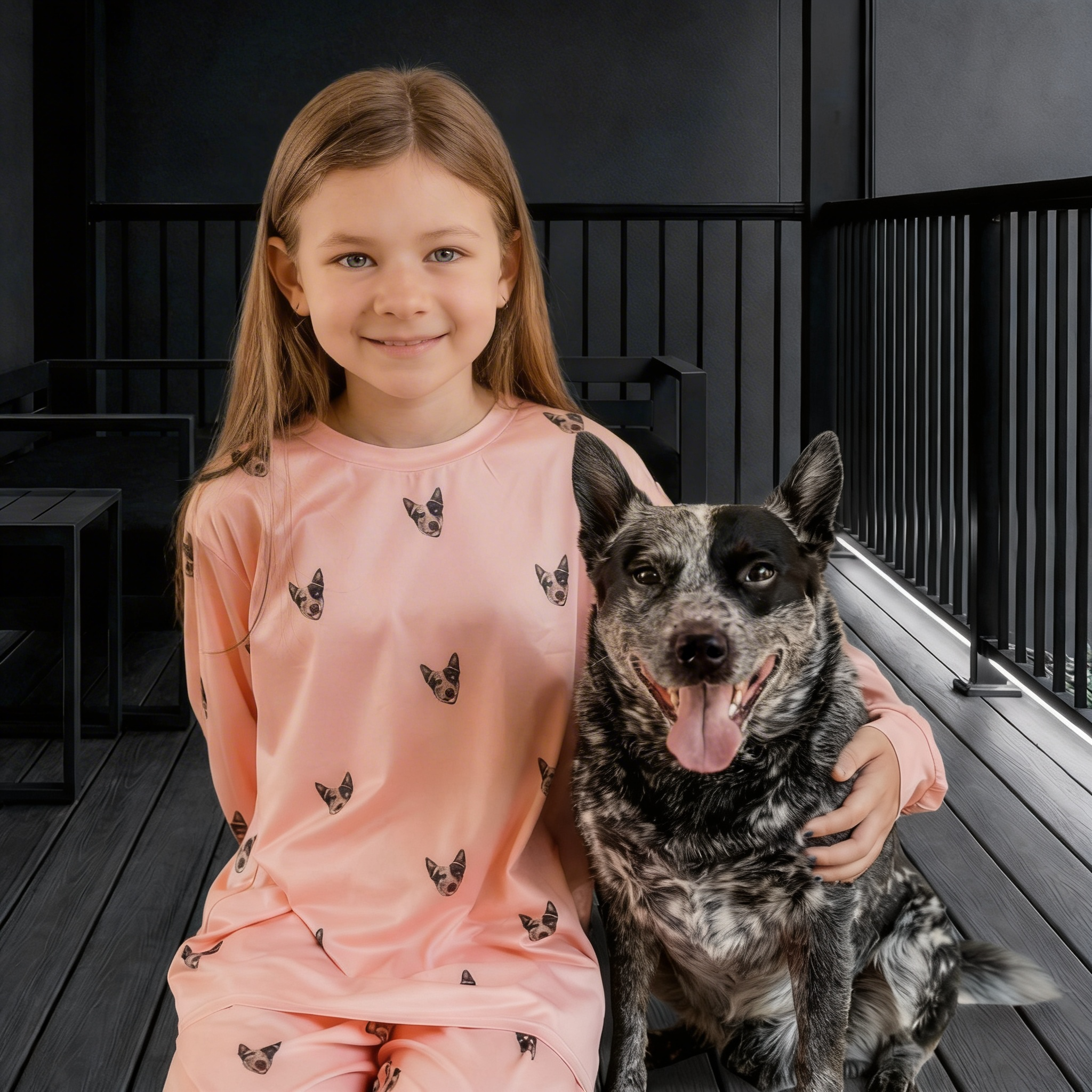 Girl in pink pajamas with dog-face prints sitting outside with a cattle dog.