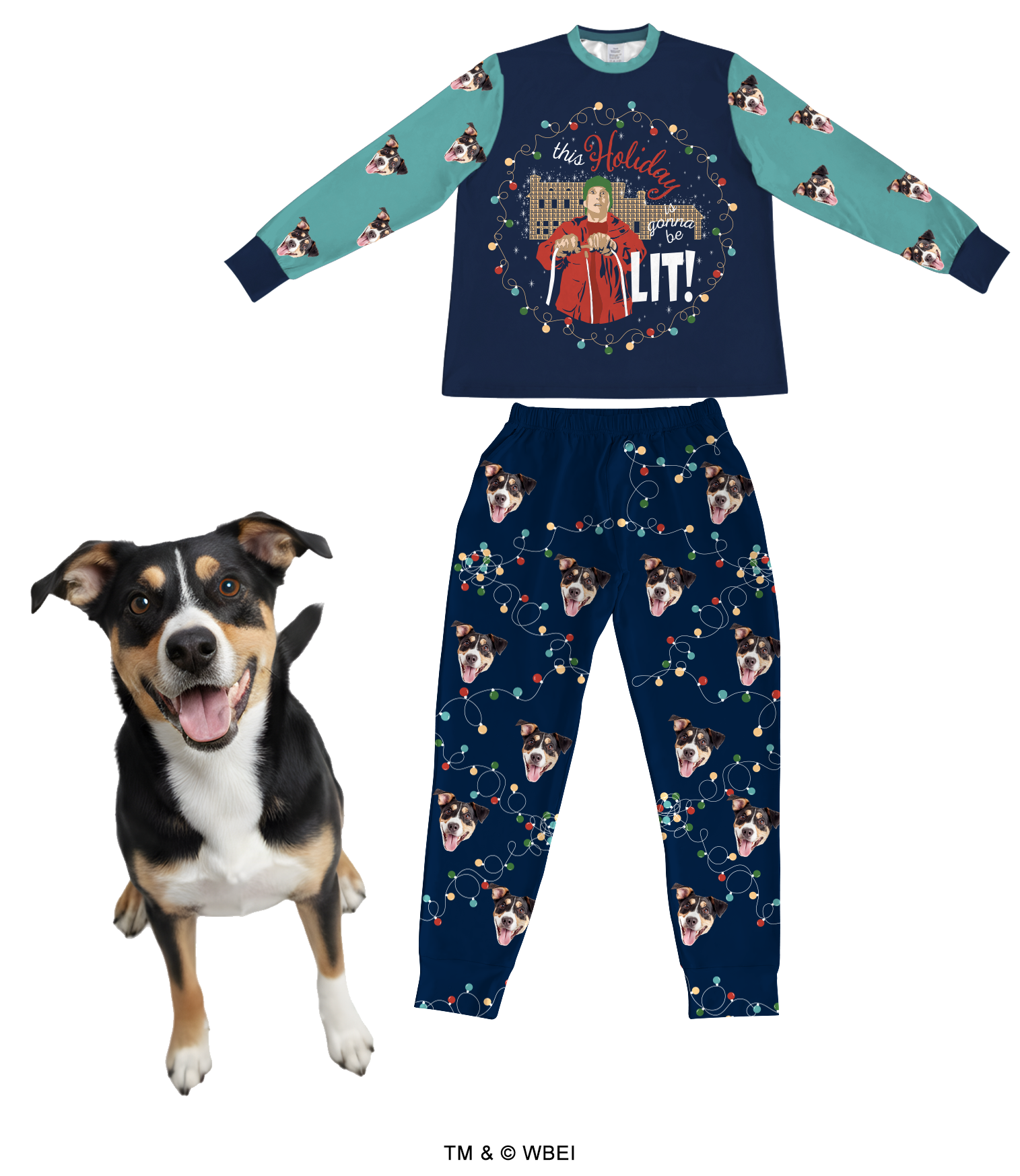 A custom pajama set featuring a black, white, and tan dog. The navy blue top has a central graphic of Clark Griswold with Christmas lights and the quote 'this Holiday gonna be LIT!' The sleeves are teal green and patterned with the dog's face. The navy blue pants are patterned with strands of Christmas lights and a repeating design of the dog's face. A real dog with matching markings stands happily in the foreground.