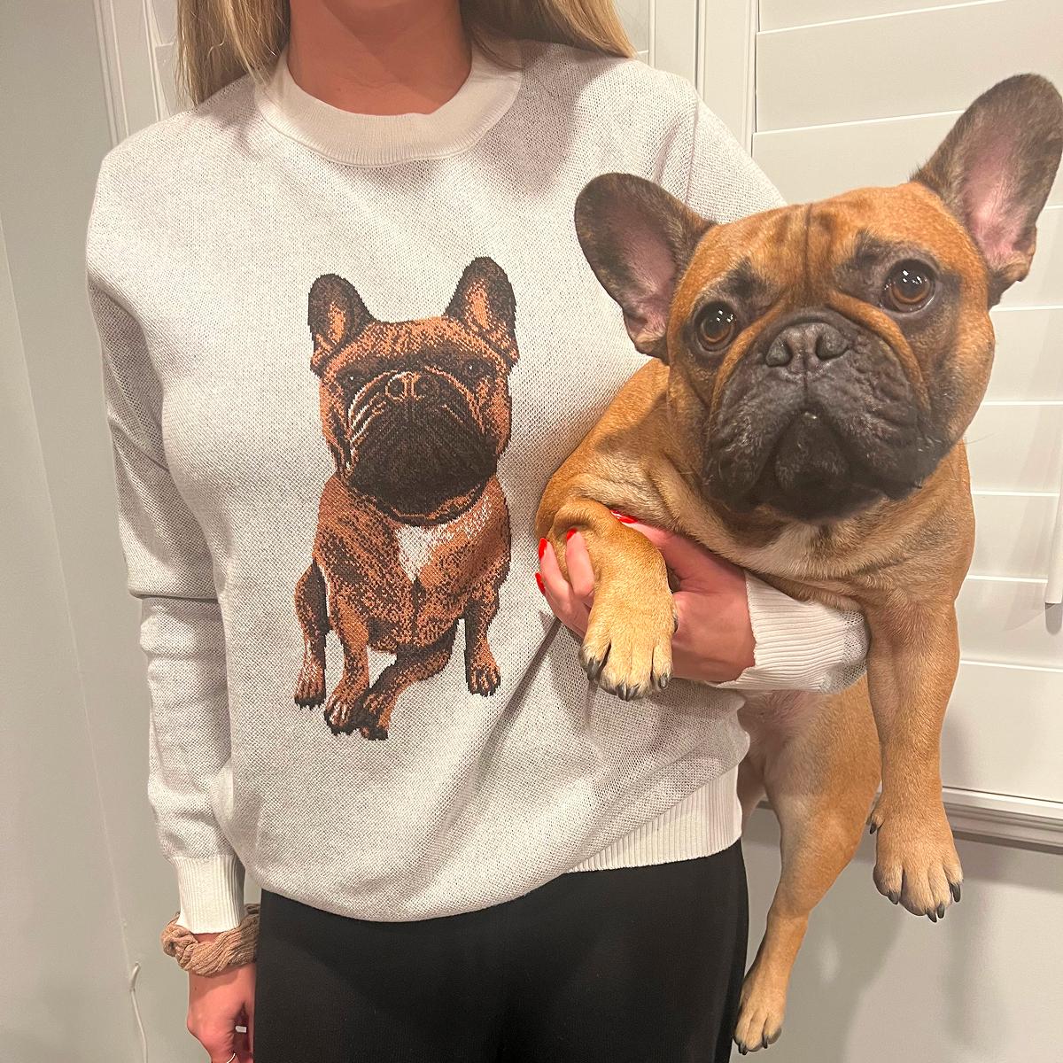 A person holds a plump, tan French Bulldog. They are wearing a white and light gray speckled crew-neck sweater that features a full-body, brown knit portrait of a seated French Bulldog on the chest, which closely resembles the real dog.