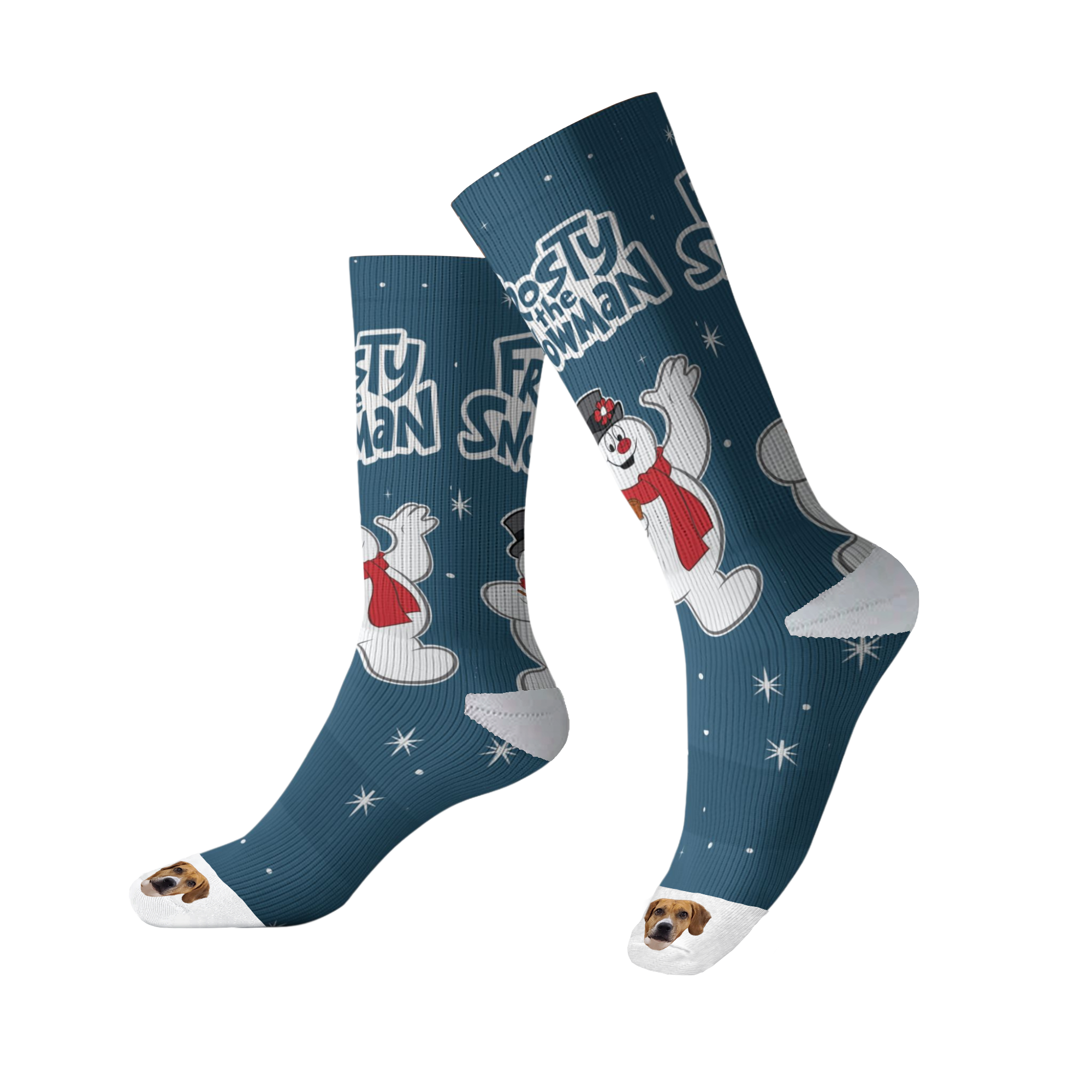 A pair of tall, navy blue socks patterned with graphics of Frosty the Snowman and the text 'Frosty the Snowman' surrounded by white snowflakes. The toe of each sock features an image of a brown and white dog's face. The socks are photographed against a black background.