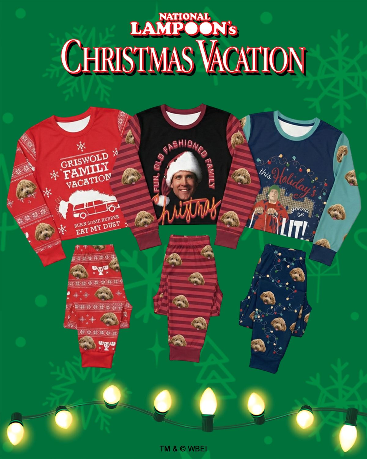 A graphic poster displays three sets of National Lampoon's Christmas Vacation themed pajamas against a green, festive background. Each set features unique movie-inspired designs.
