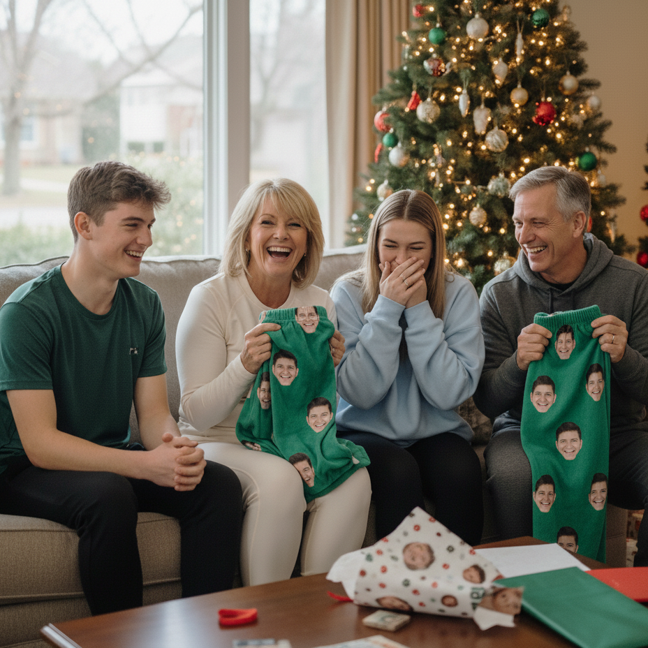 Four people laughing, holding custom photo pajama pants, near a decorated Christmas tree.