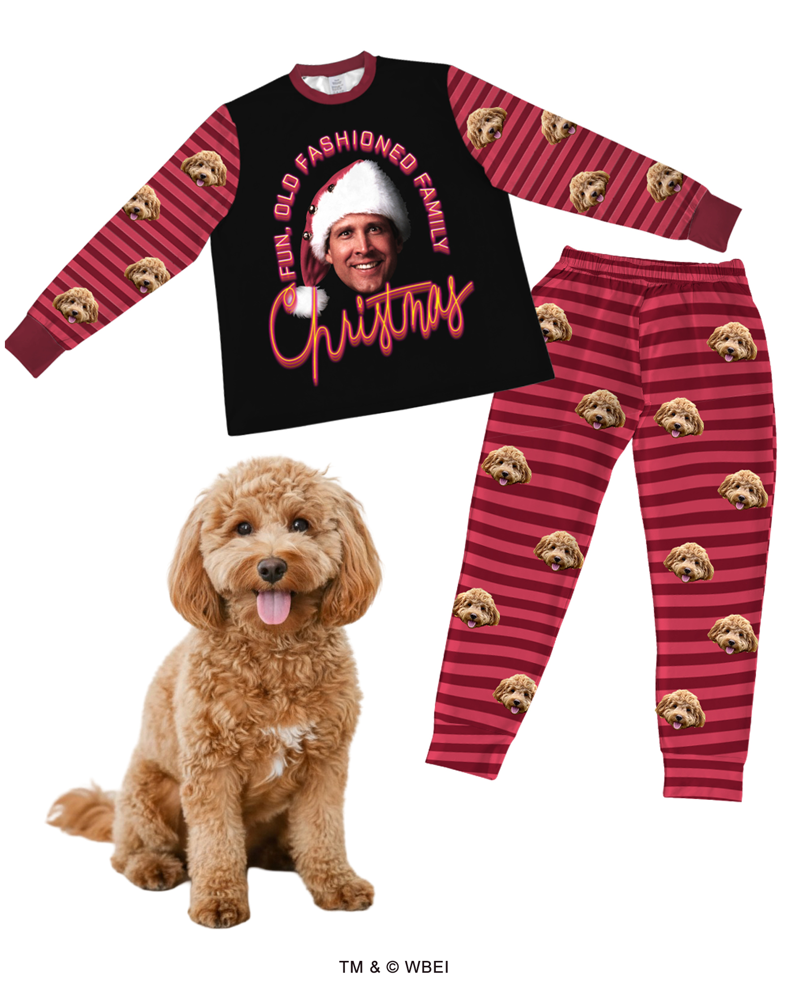 A black, long-sleeve pajama set featuring a central graphic of Clark Griswold in a Santa hat and the neon-style text 'FUN, OLD FASHIONED FAMILY Christmas.' The sleeves and pants are patterned with red and dark red stripes, customized with a repeating design of a fluffy brown Cockapoo's face. A real Cockapoo dog sits in the foreground.