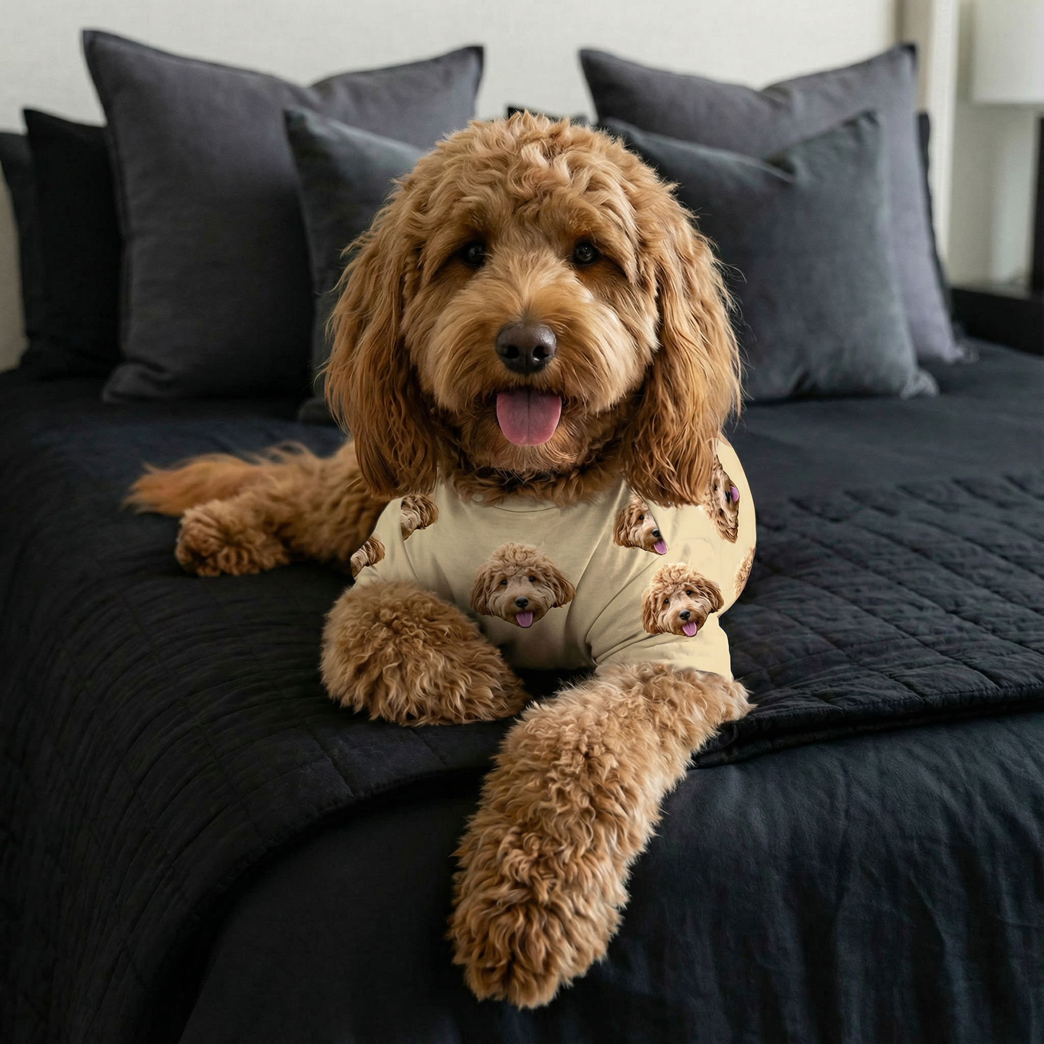 Goldendoodle on a bed wearing a shirt with its own face printed on it.