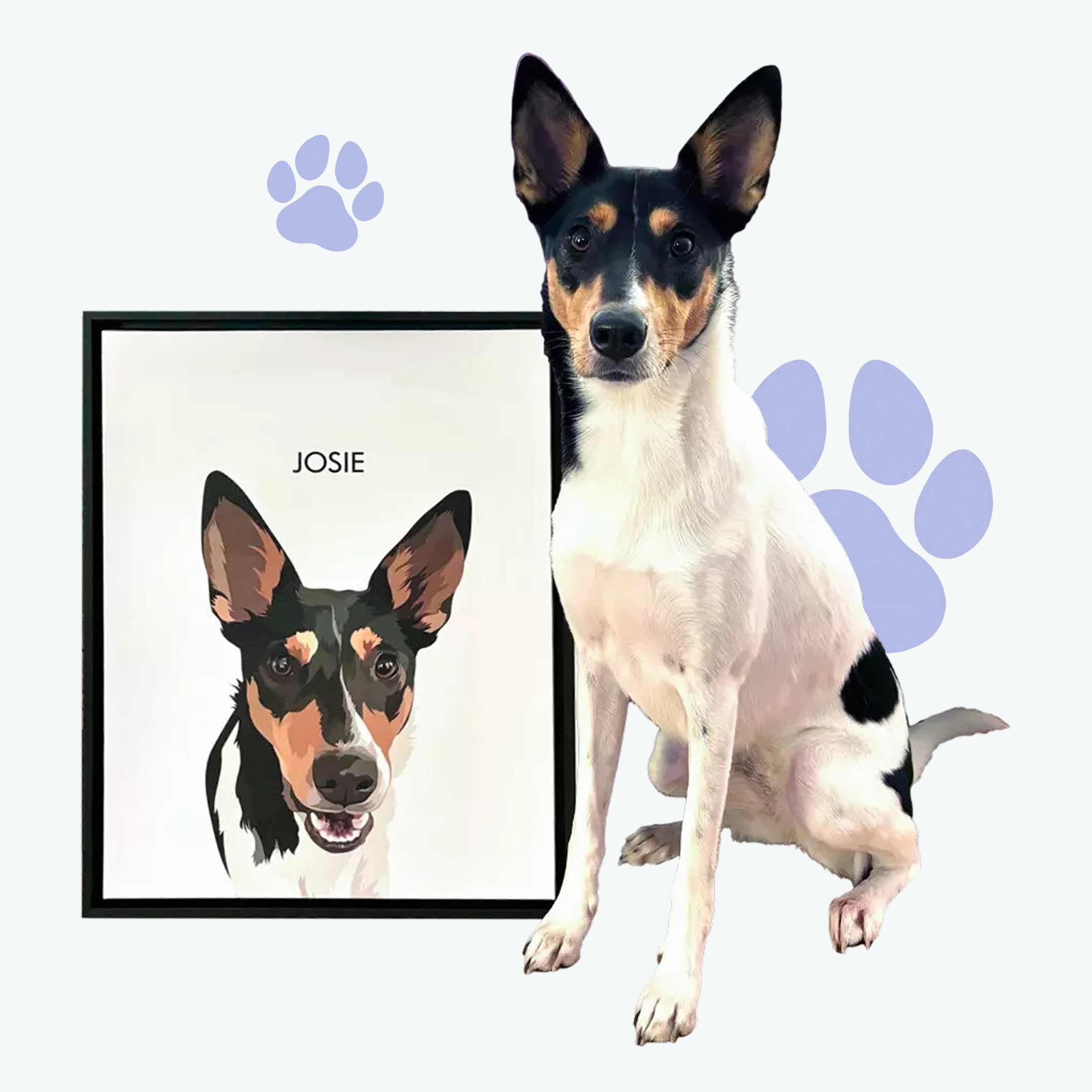 Dog sitting beside its portrait with paw prints in the background.