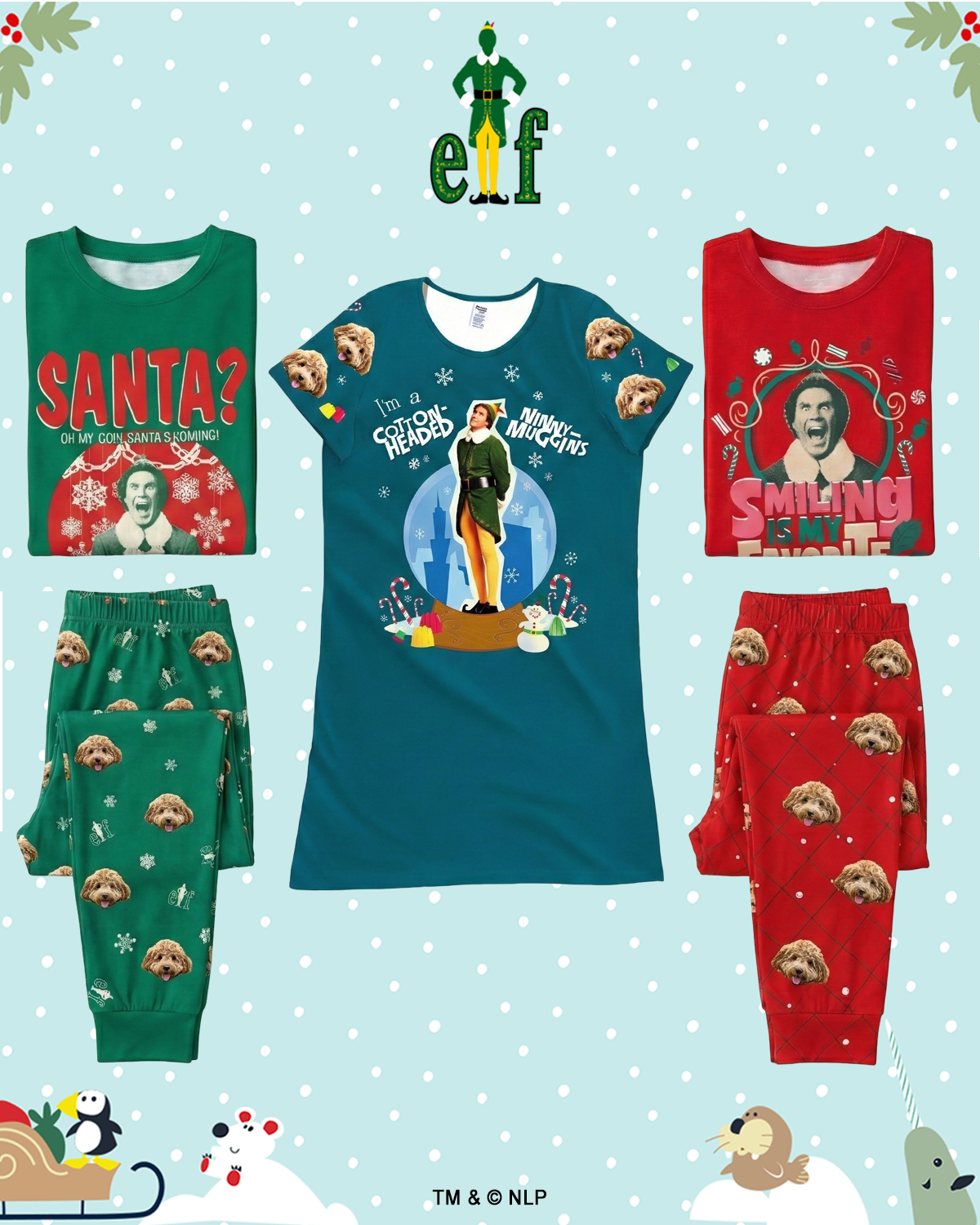 A graphic poster showcases three styles of Elf the movie themed pajamas against a light blue background.