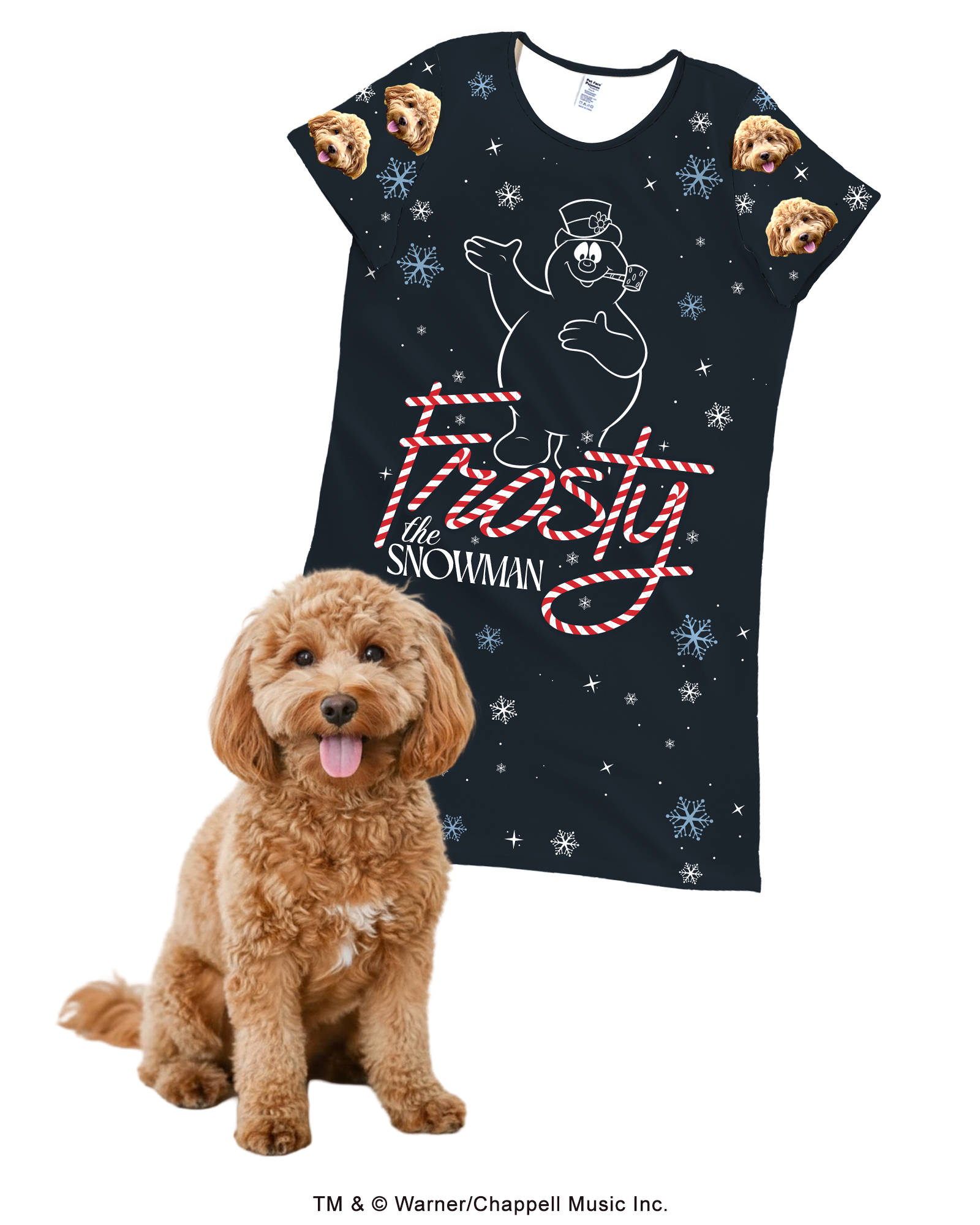 A navy blue, short-sleeve nightgown featuring a white outline graphic of Frosty the Snowman, with the title 'Frosty the Snowman' in a red and white candy cane script. The nightgown is patterned with small white and blue snowflakes, and the sleeves feature a repeating design of a fluffy brown Cockapoo's face. A real Cockapoo dog sits in the foreground next to the nightgown.