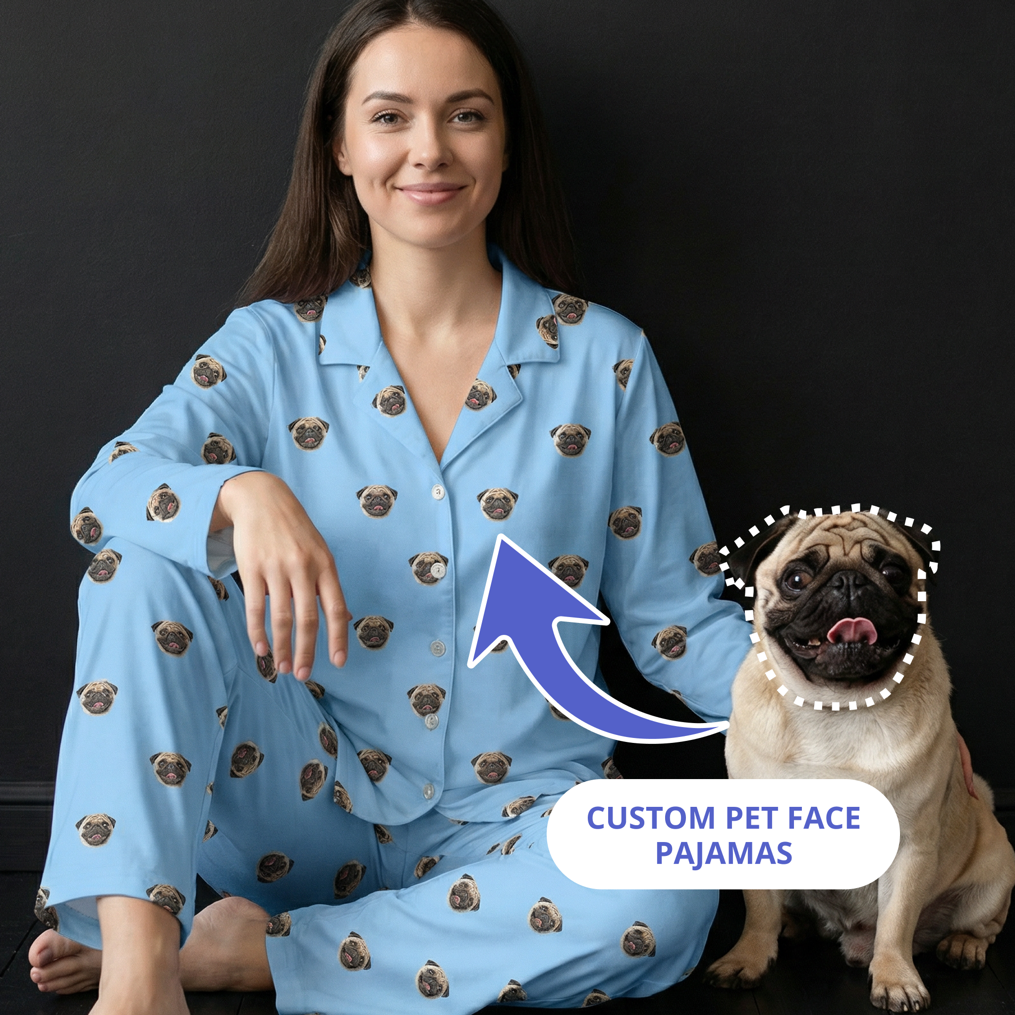 Woman in blue dog-print button-down pajama