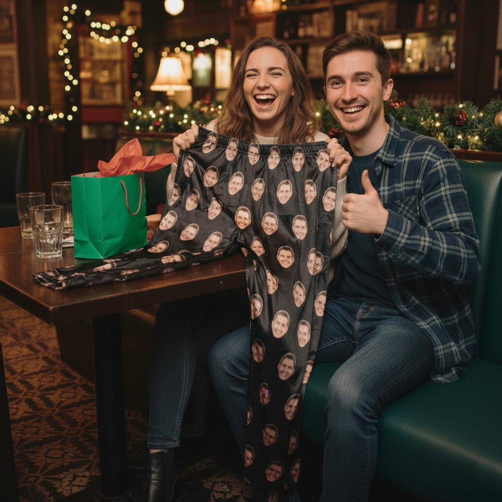 Two people holding pants with faces printed on them, sitting in a festive room.
