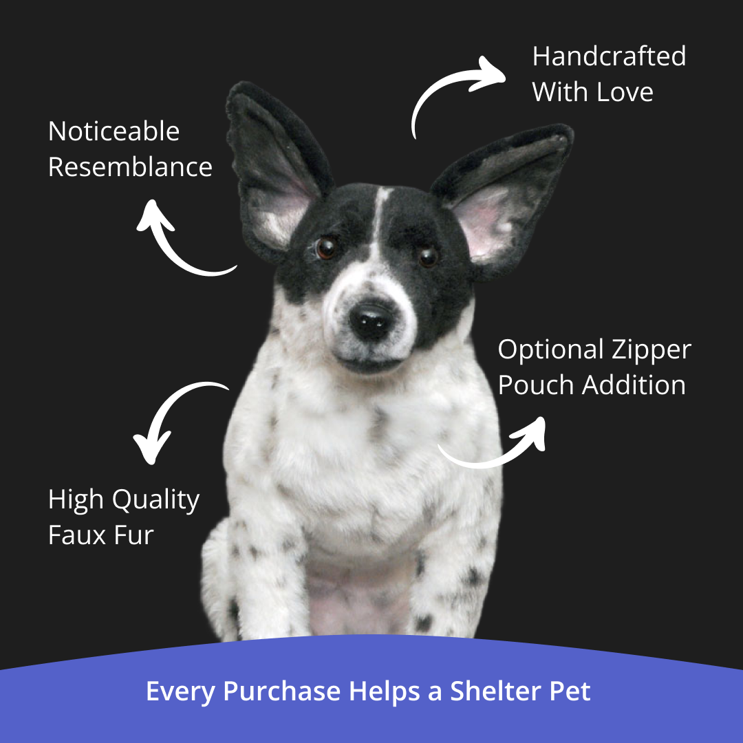 A realistic black and white stuffed dog against a dark background with text highlighting its features.
