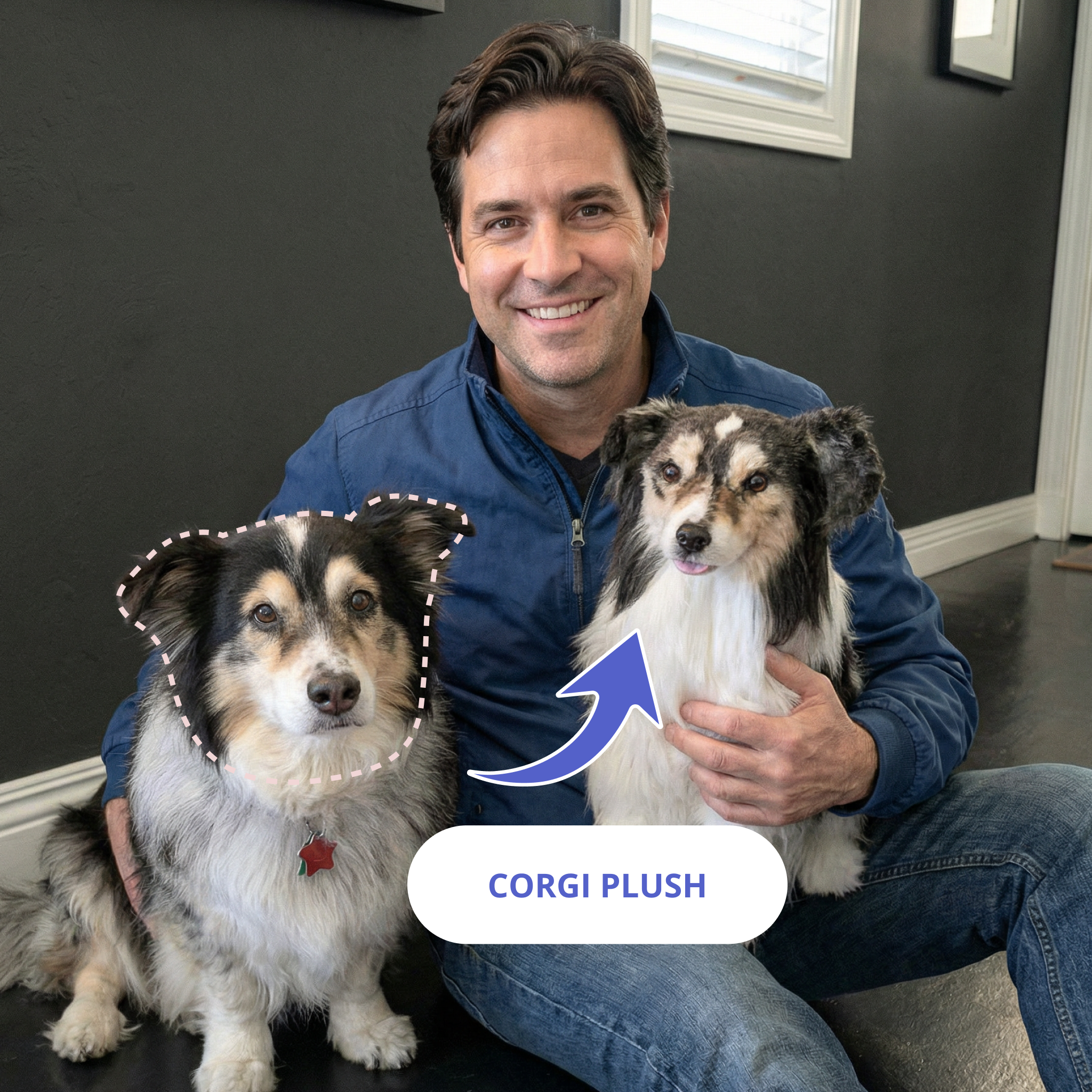 Man sitting with his dog and a matching custom Cuddle Clones corgi plush