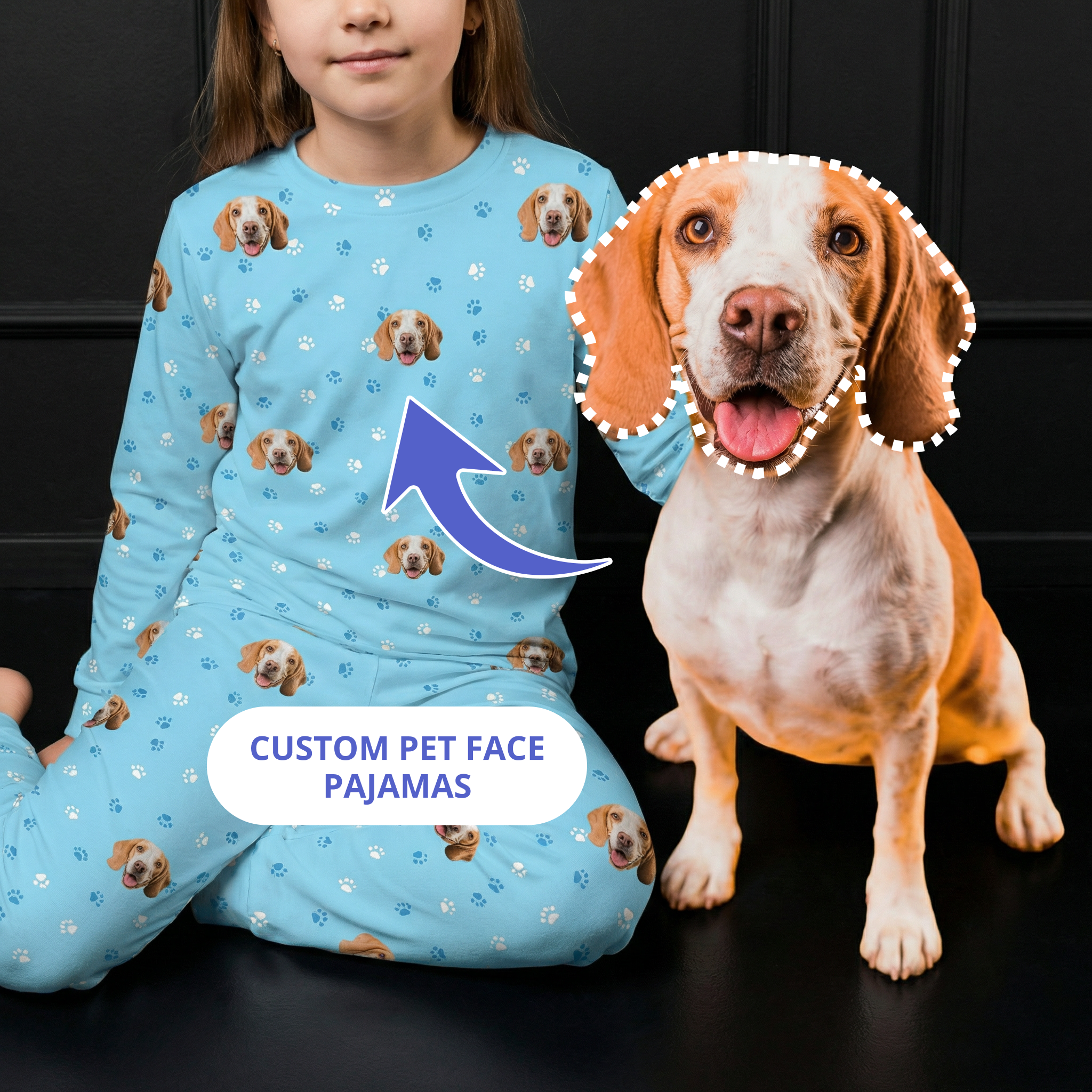 Girl using custom pet face pajamas.
