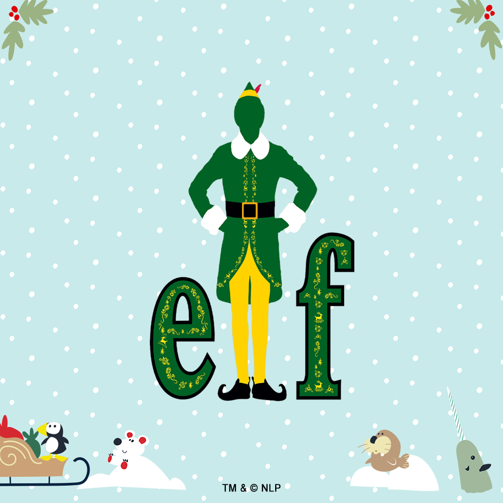 Silhouette of an elf with 'ef' text, surrounded by festive animals and snow.