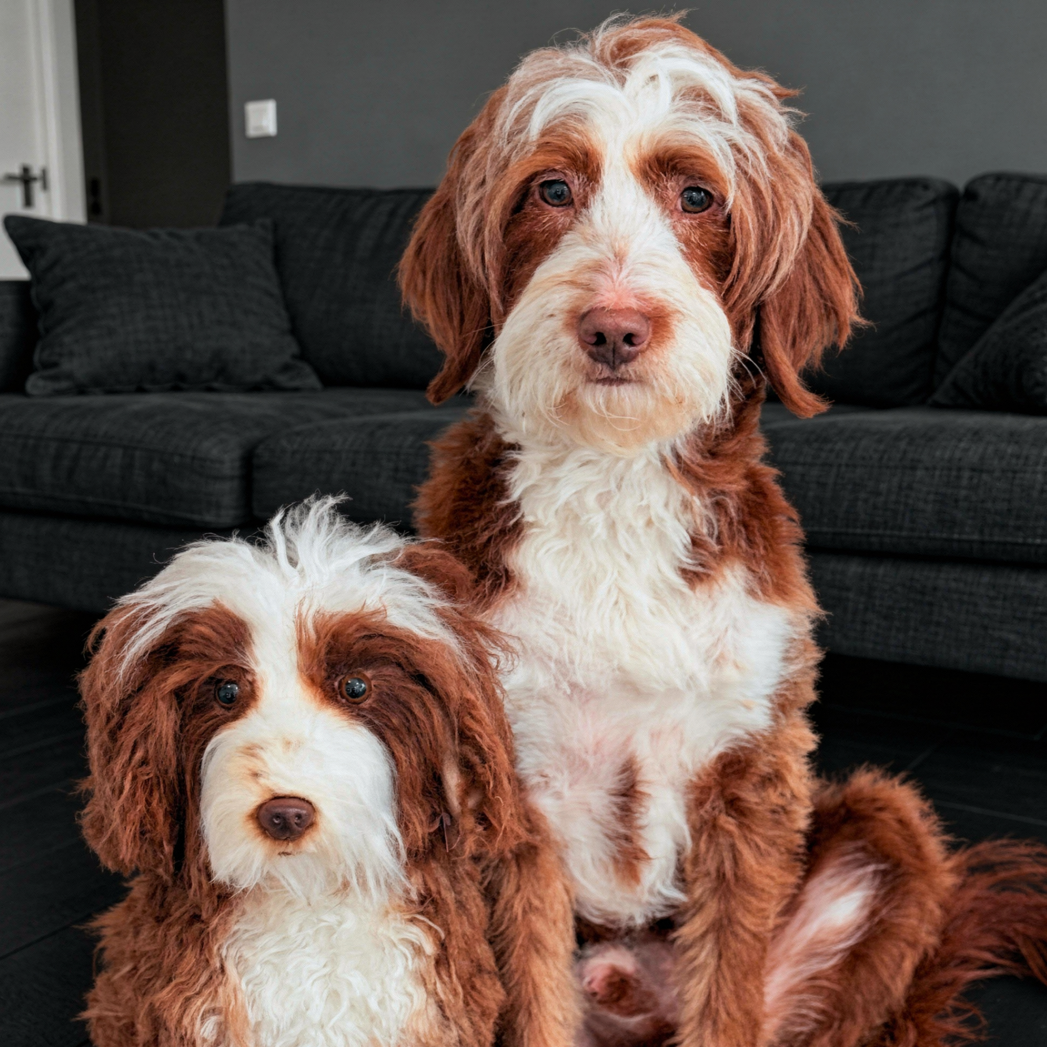 Brown & white dog sits on couch by custom plush double with matching markings.