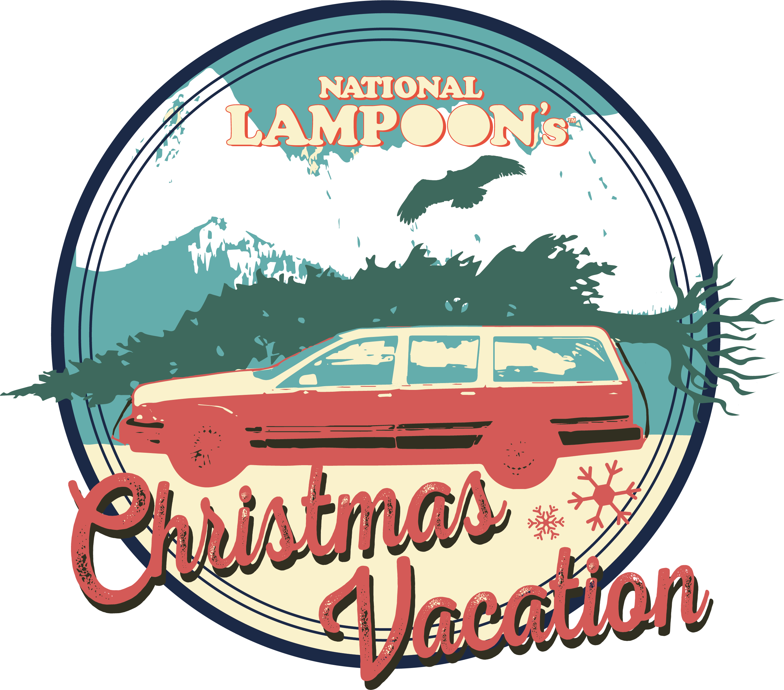 A circular vintage-style graphic for National Lampoon's Christmas Vacation. It features a red and white station wagon with a large Christmas tree strapped to the roof, driving through a snowy mountain landscape, with an eagle flying overhead. The movie title text curves around the bottom of the circle.