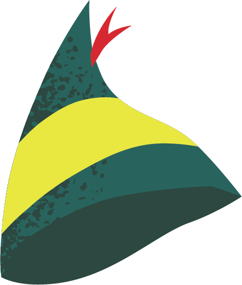 Illustration of a stylized green and yellow pointed hat with red details.