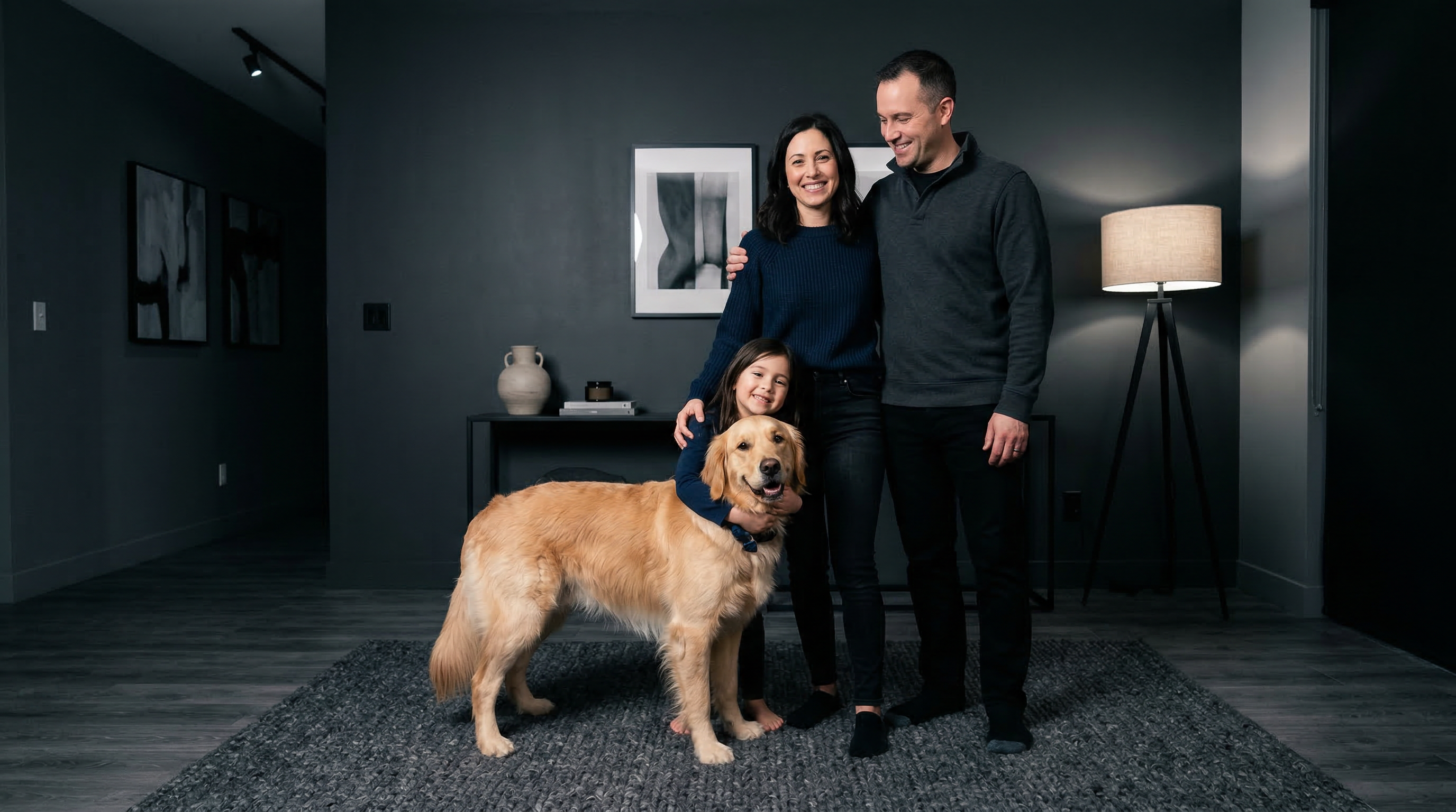A smiling man, woman, and young girl pose with their golden retriever in a modern, dark-walled room.