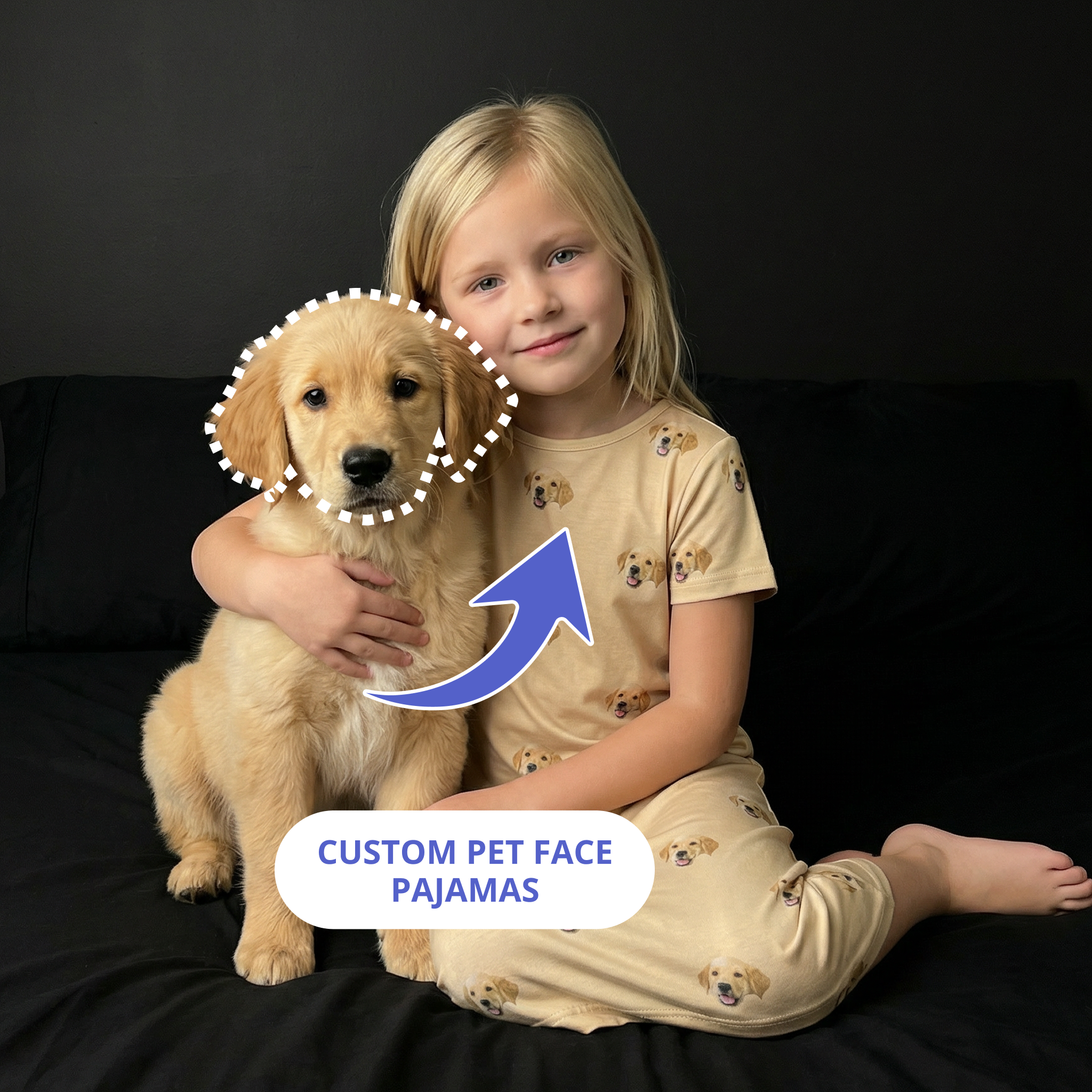 Kid next to her dog wearing a nightgown