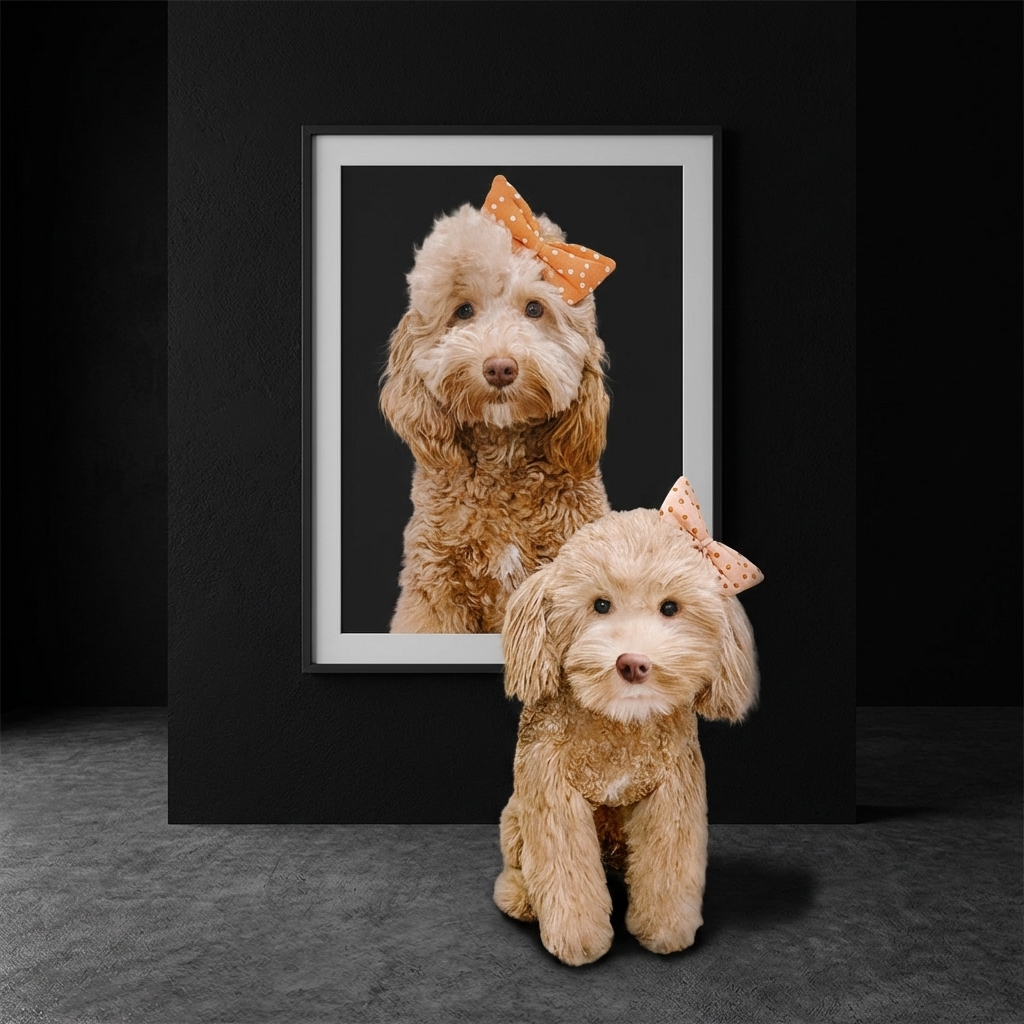 A small, fluffy dog with a bow sits on the floor in front of its framed portrait.