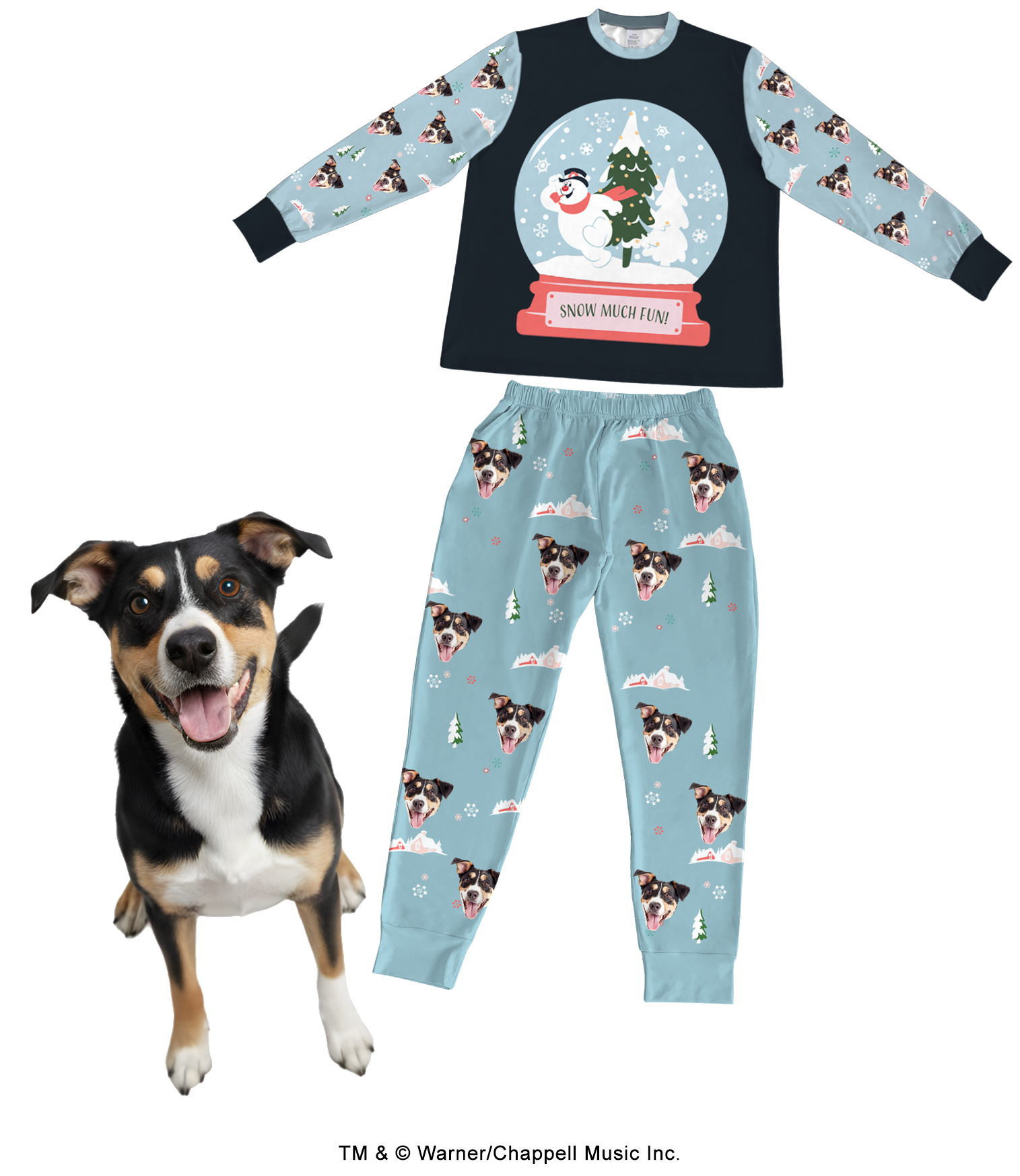 A custom pajama set featuring a black, white, and tan dog. The long-sleeve top is dark blue with a large central snow globe graphic containing a Frosty the Snowman and Christmas tree that reads 'SNOW MUCH FUN!' The sleeves are light blue and patterned with the dog's face and snow scene graphics.