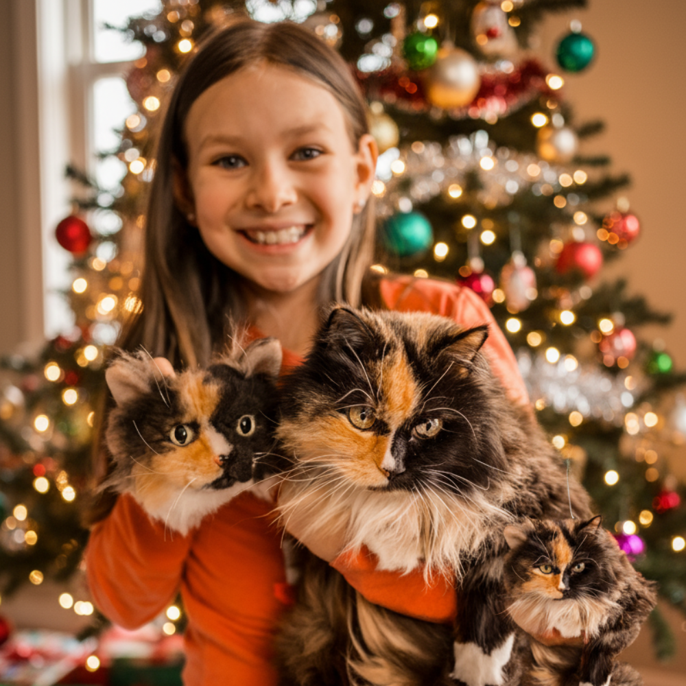 Smiling girl holding two calico cats in front of a decorated Christmas tree.