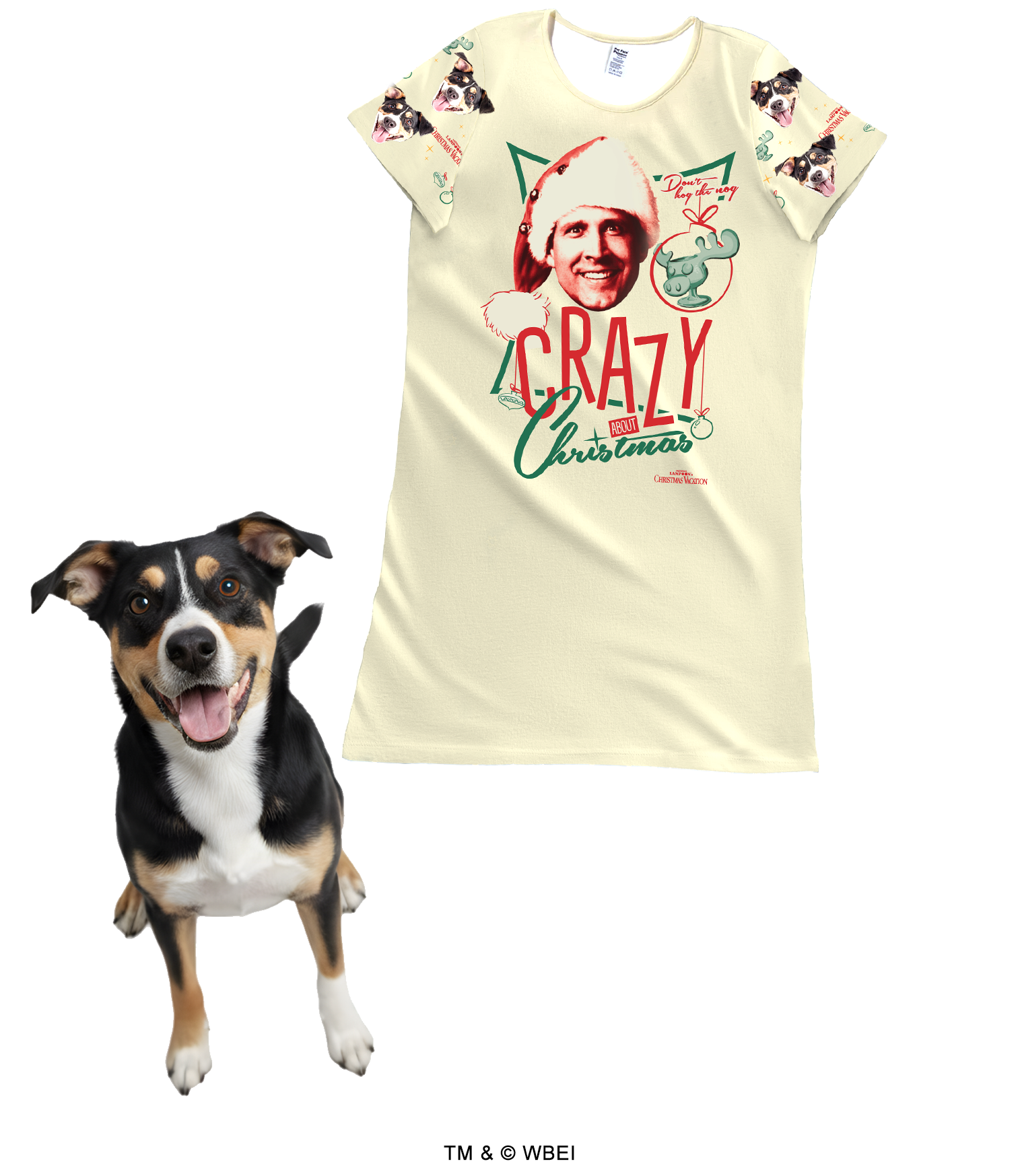 A cream or beige, short-sleeve nightgown featuring a large graphic of Clark Griswold's face in a Santa hat, a moose mug, and the text 'CRAZY about Christmas.' The sleeves are customized with a repeating design of a black, white, and tan dog's face and small Christmas graphics. A real dog with matching markings stands happily in the foreground.