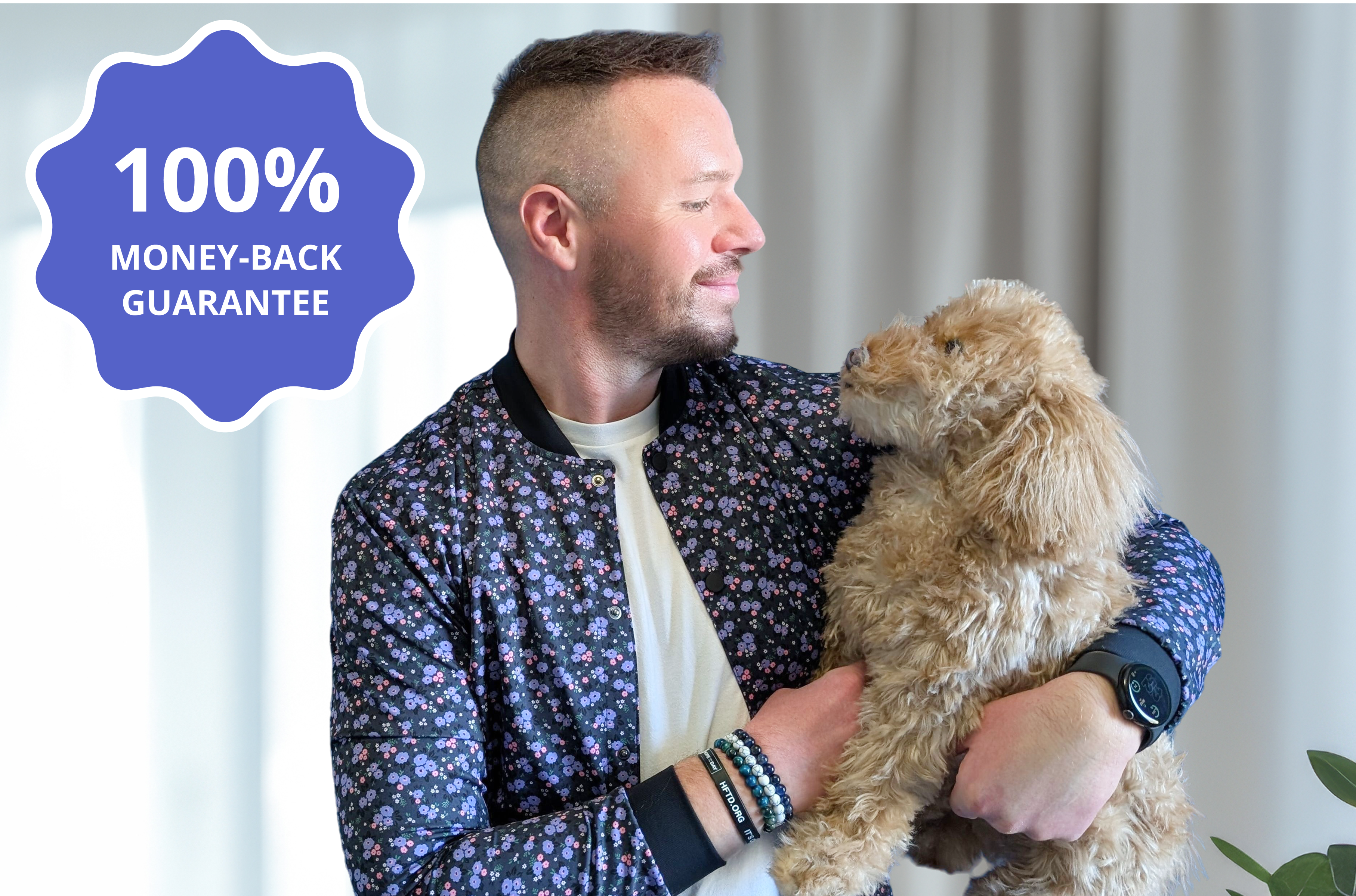 Person holding a fluffy dog, with a '100% Money-Back Guarantee' label on the side.